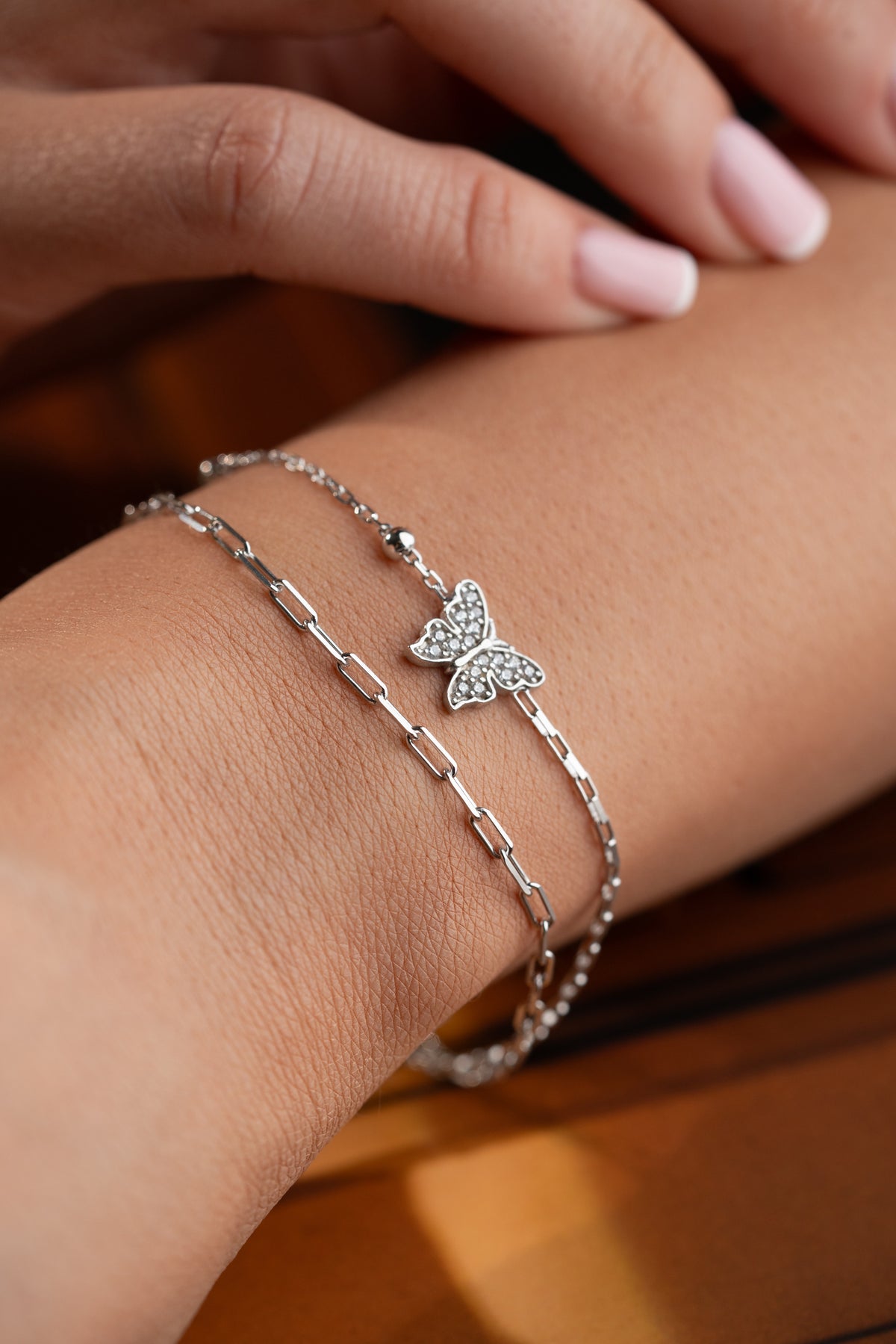 Pave Butterfly Layered Chain Bracelet in Silver