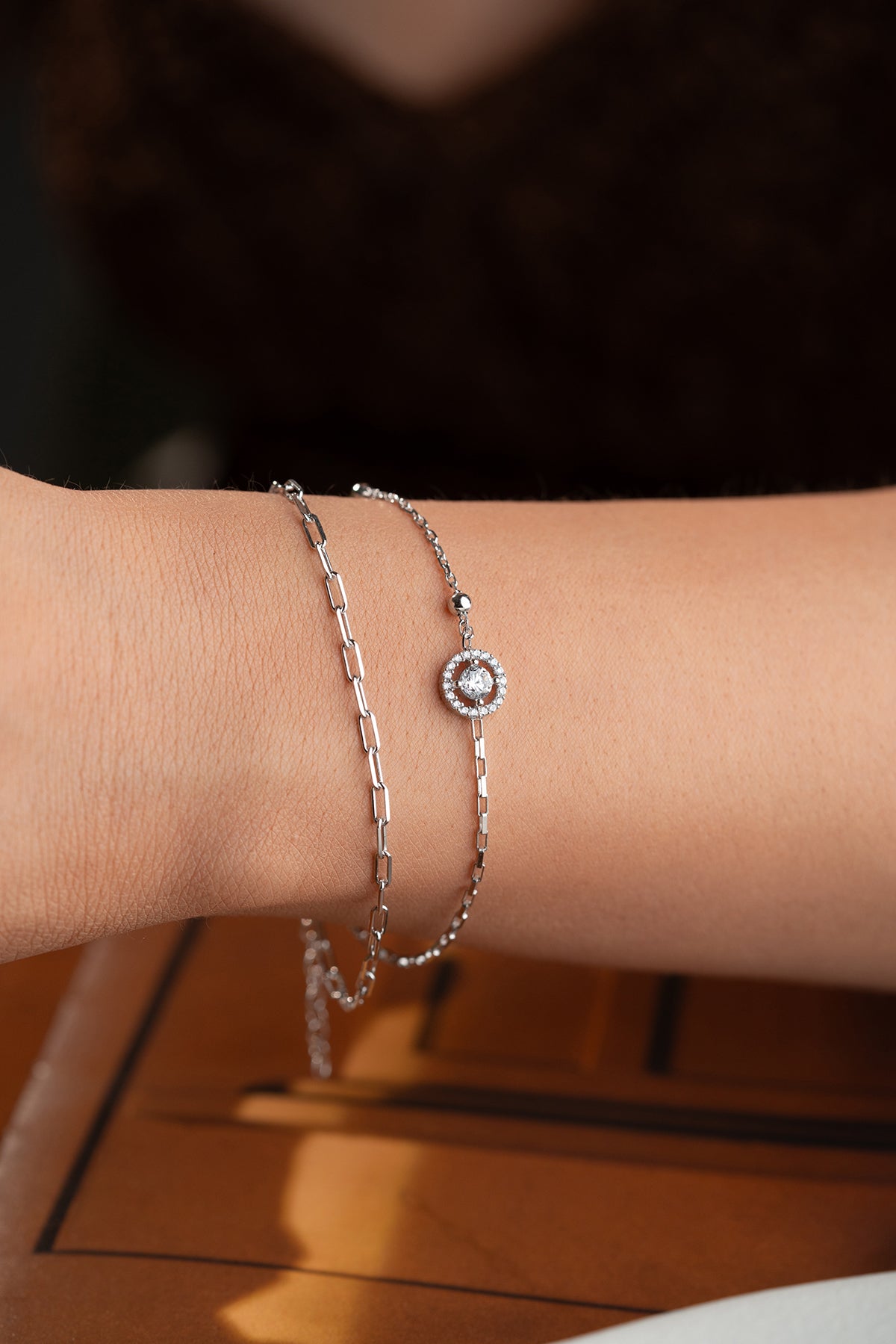 Layered Double Chain Halo Bracelet in Silver