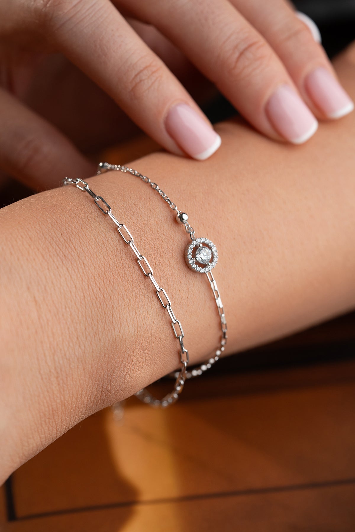 Layered Double Chain Halo Bracelet in Silver