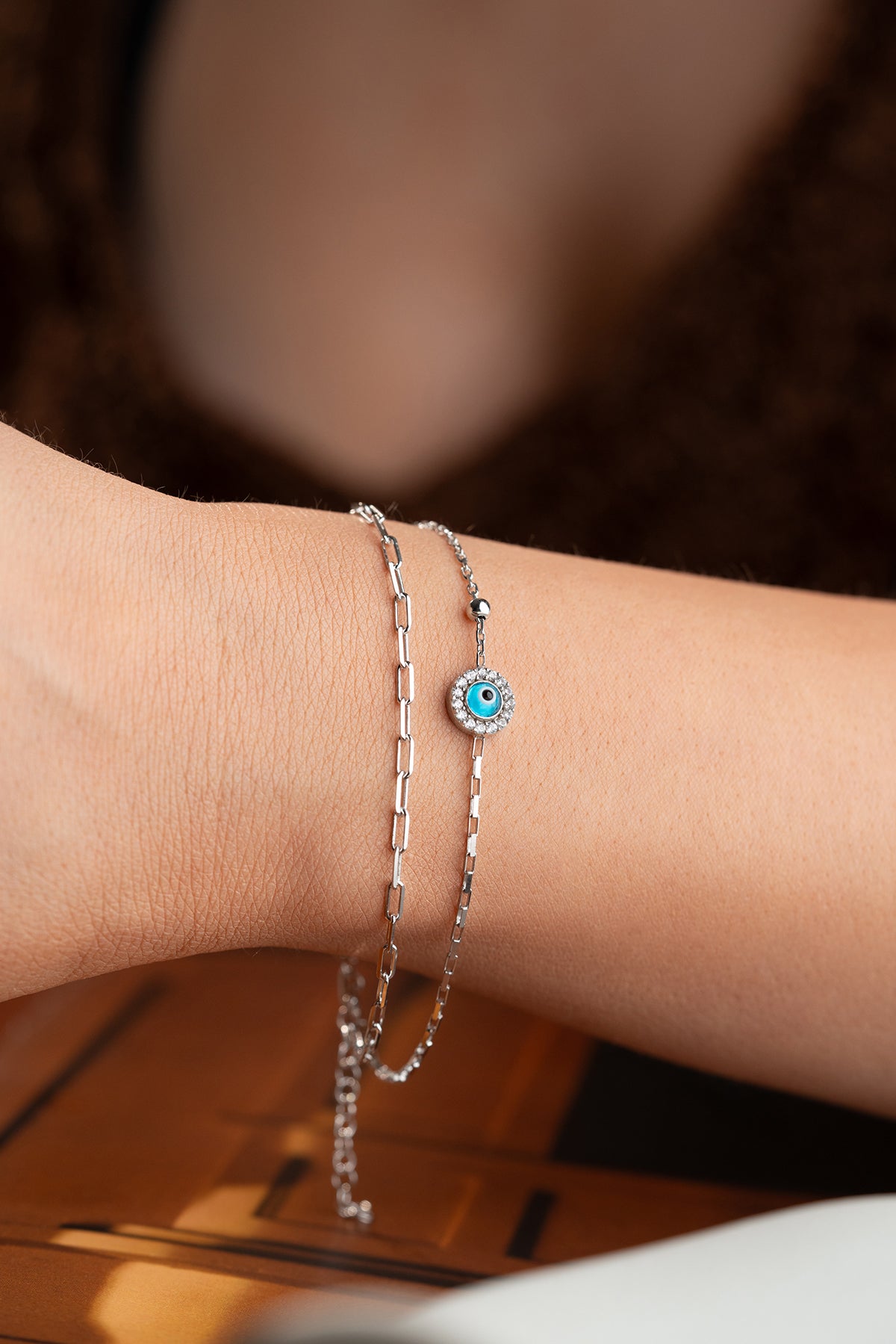 Evil Eye Double Chain Bracelet in Silver