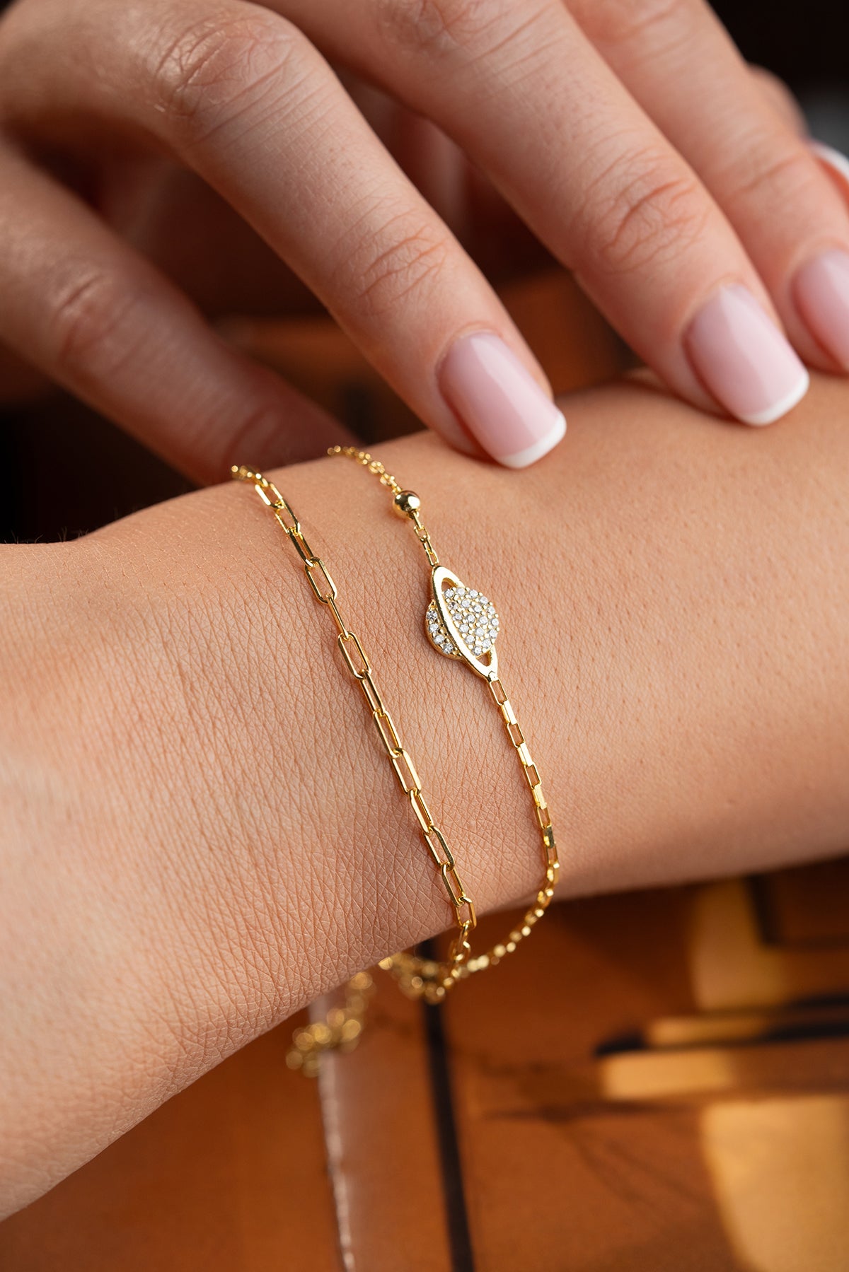 Double Chain Pave Orbit Bracelet in Gold