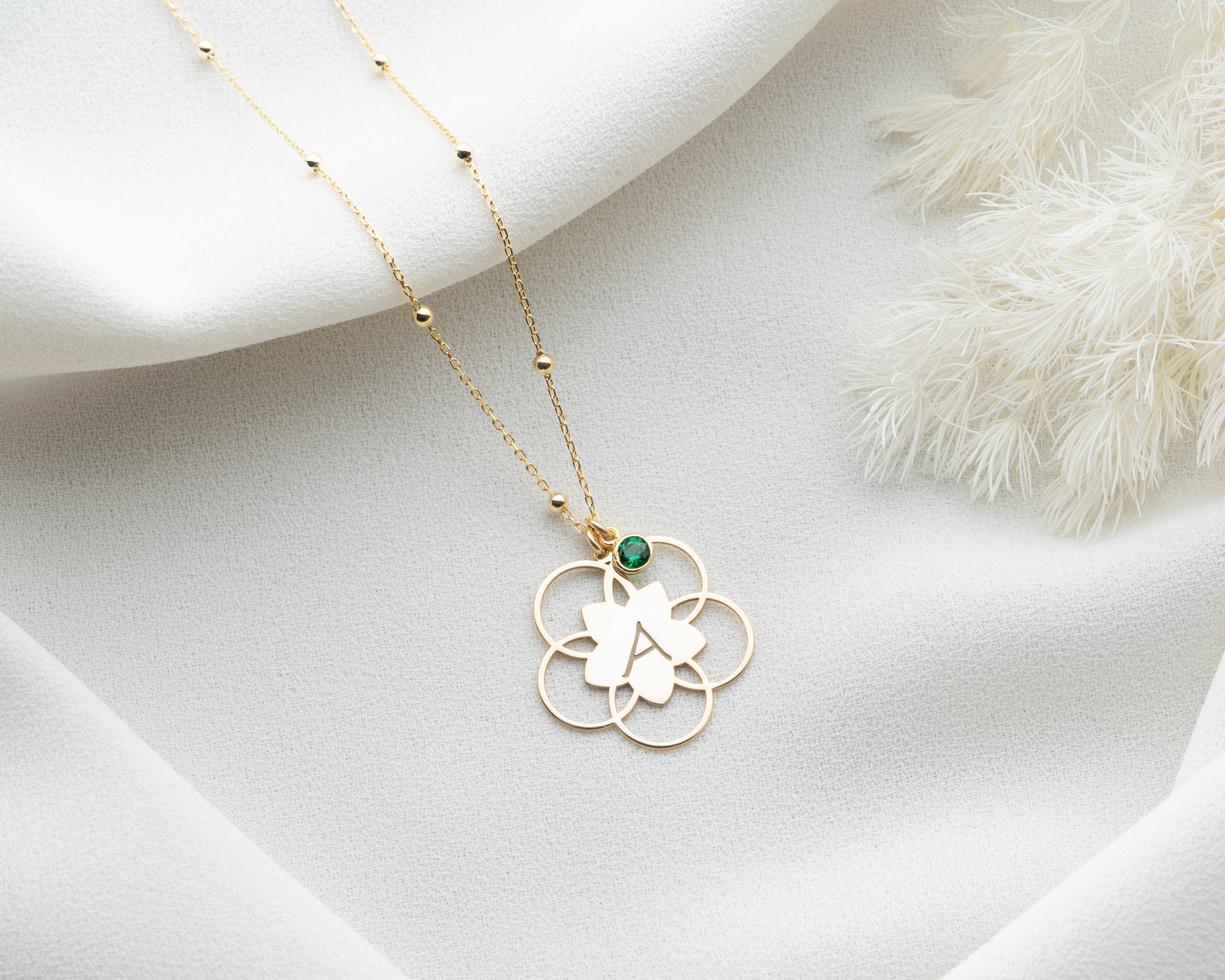 Lotus Flower Initial Birthstone Necklace