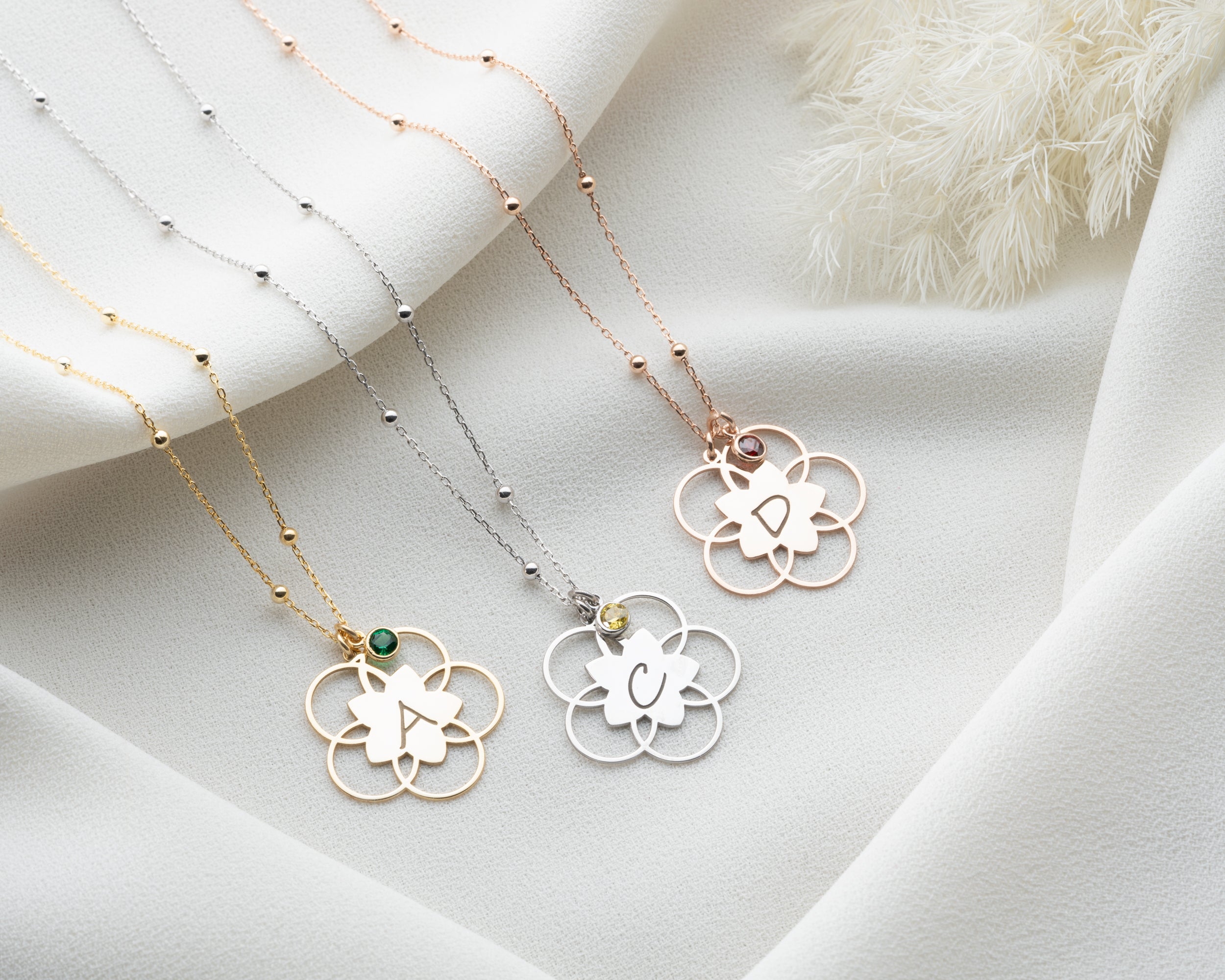 Lotus Flower Initial Birthstone Necklace