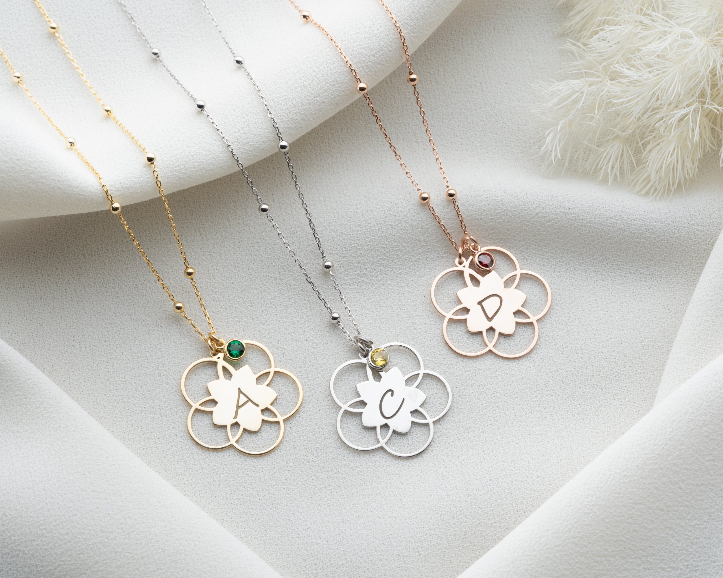 Lotus Flower Initial Birthstone Necklace