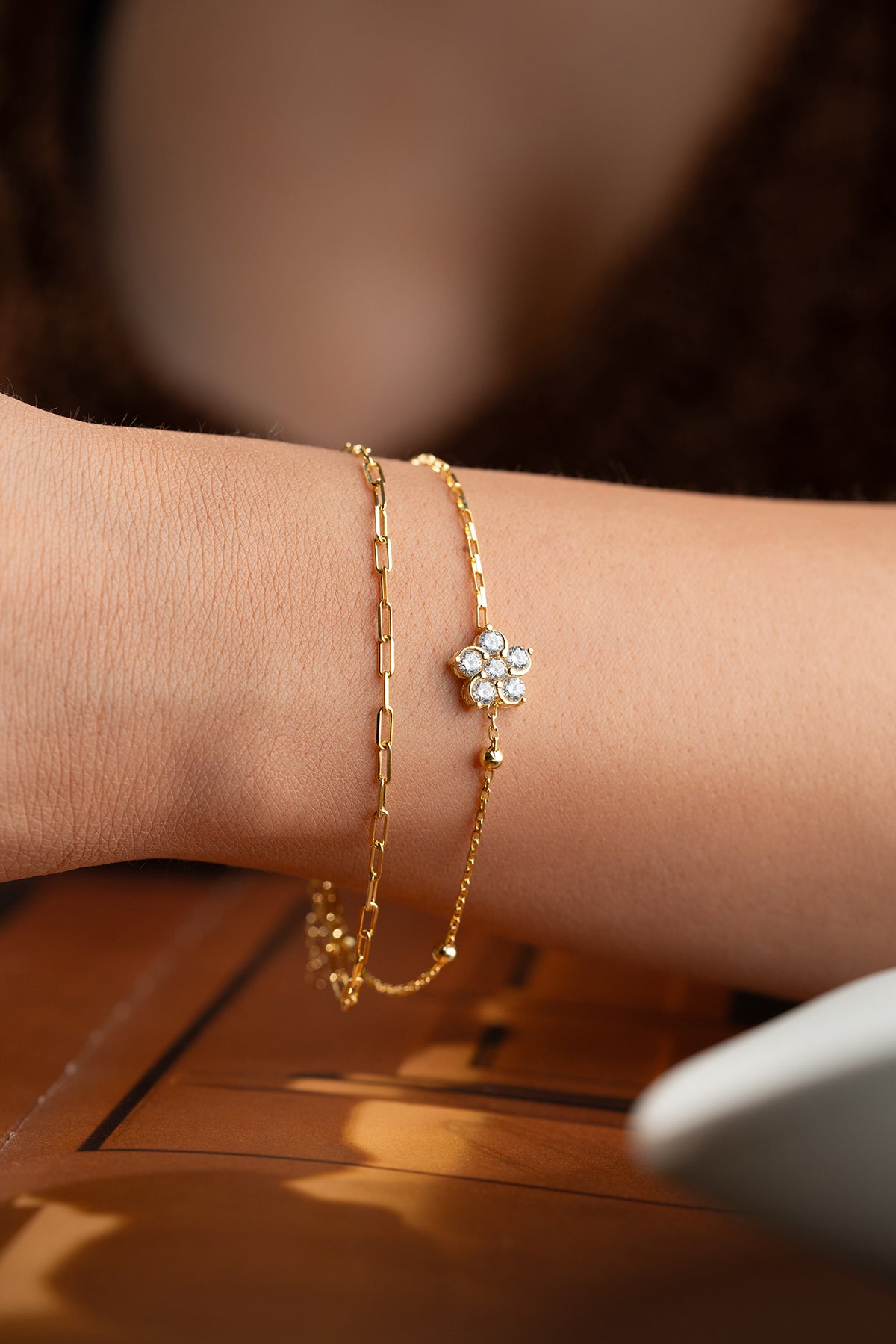 Double Chain Flower Bracelet in Gold