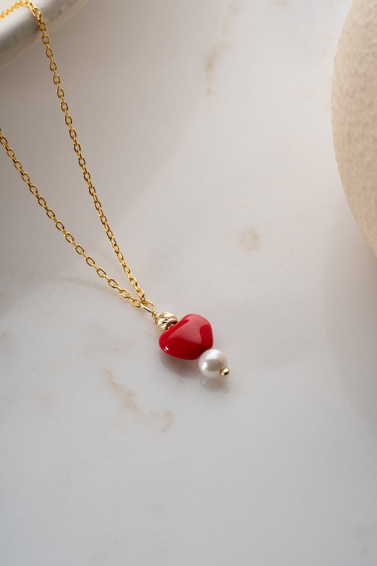 Red Heart and Pearl Charm Necklace