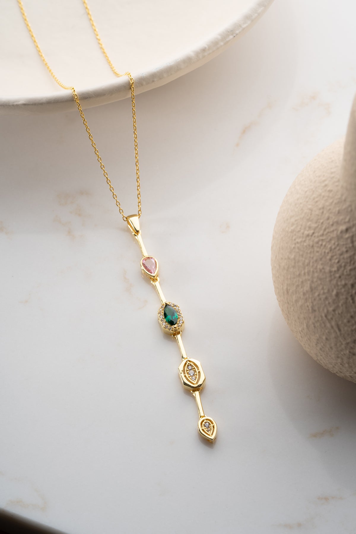 Emerald and Pink Cascade Drop Necklace
