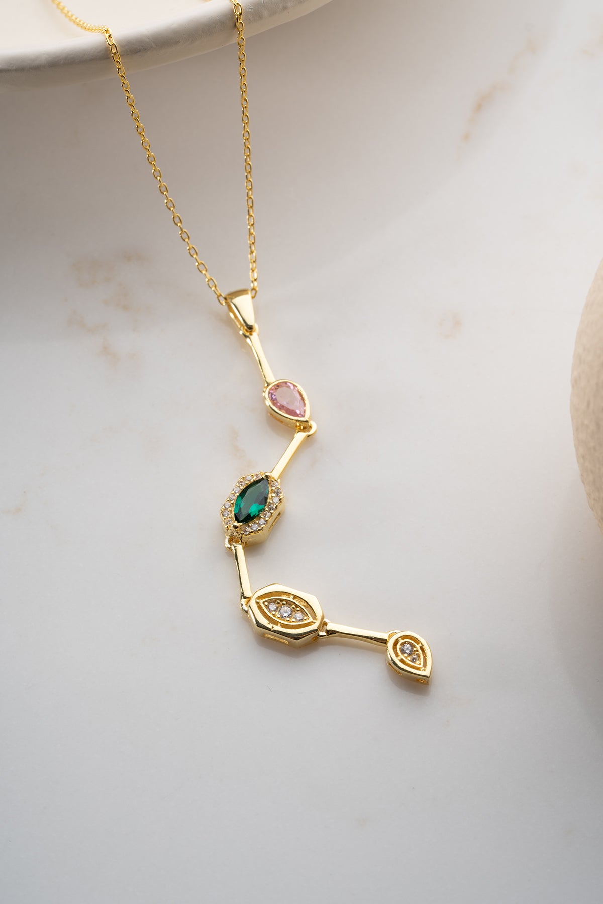 Emerald and Pink Cascade Drop Necklace