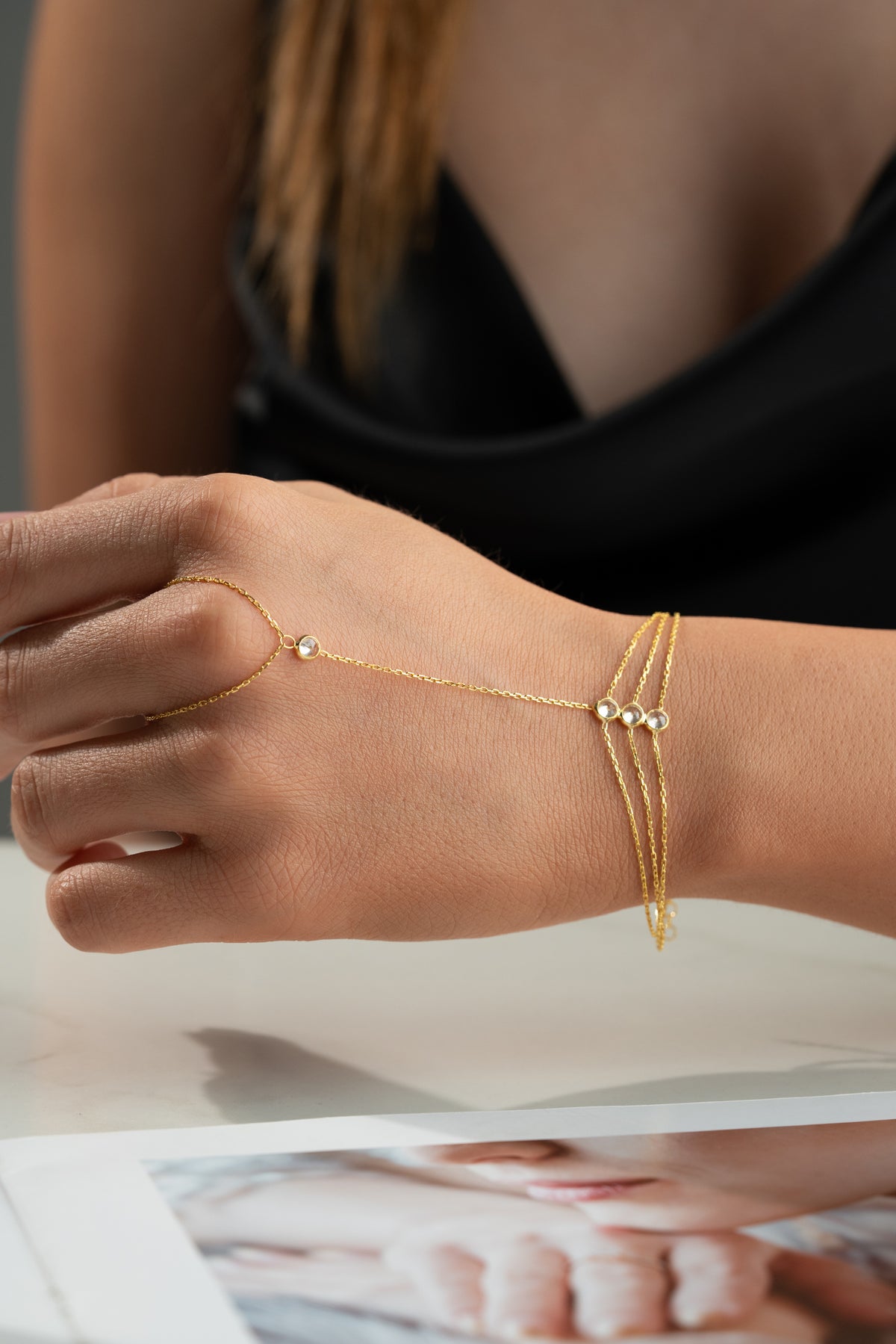 Triple Chain Crystal Hand Chain Bracelet