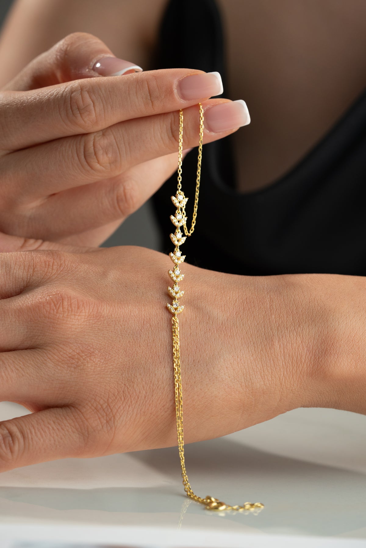 Gold Crystal Leaf Vine Hand Chain