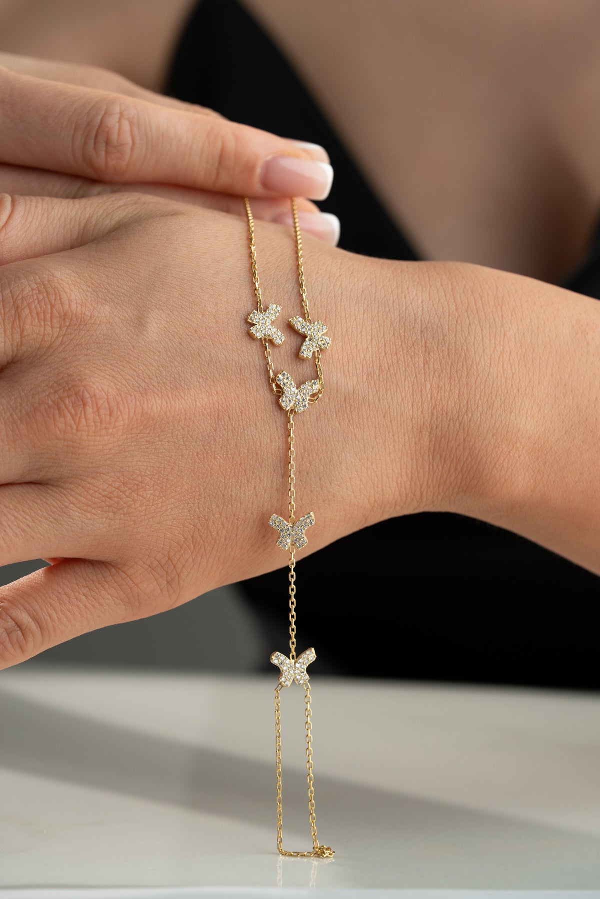 Pave Crystal Butterfly Hand Chain Bracelet