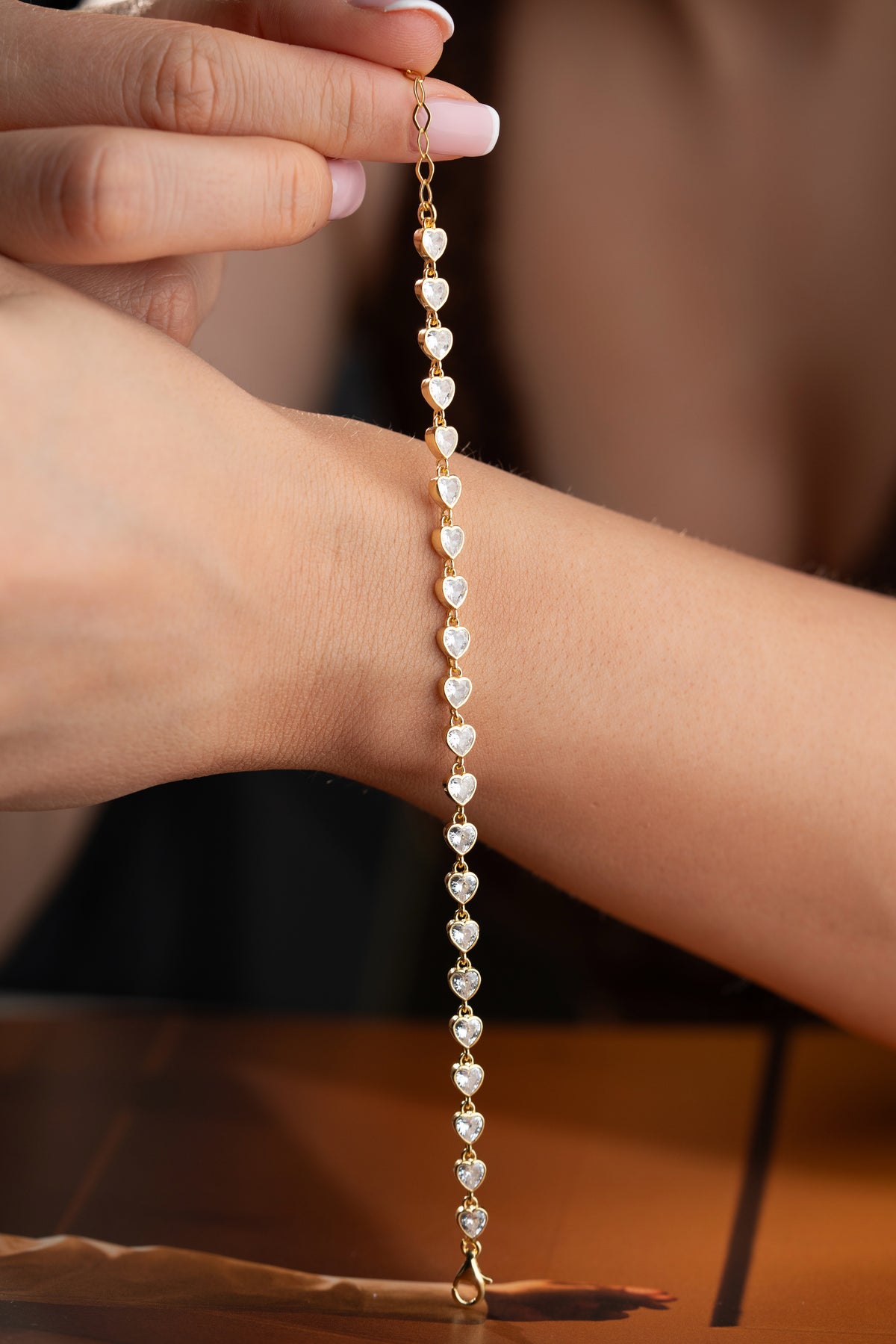 Crystal Heart Tennis Bracelet Gold