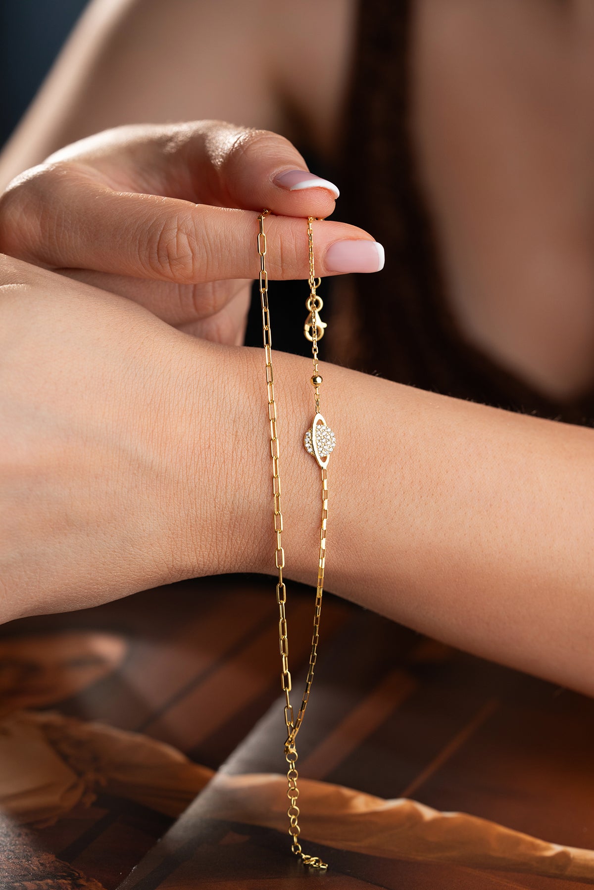 Double Chain Pave Orbit Bracelet in Gold