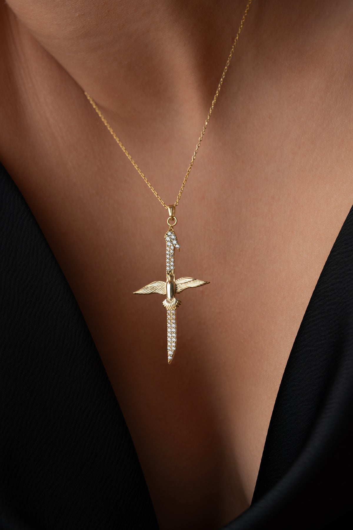 Winged Dagger Cross Necklace in Gold