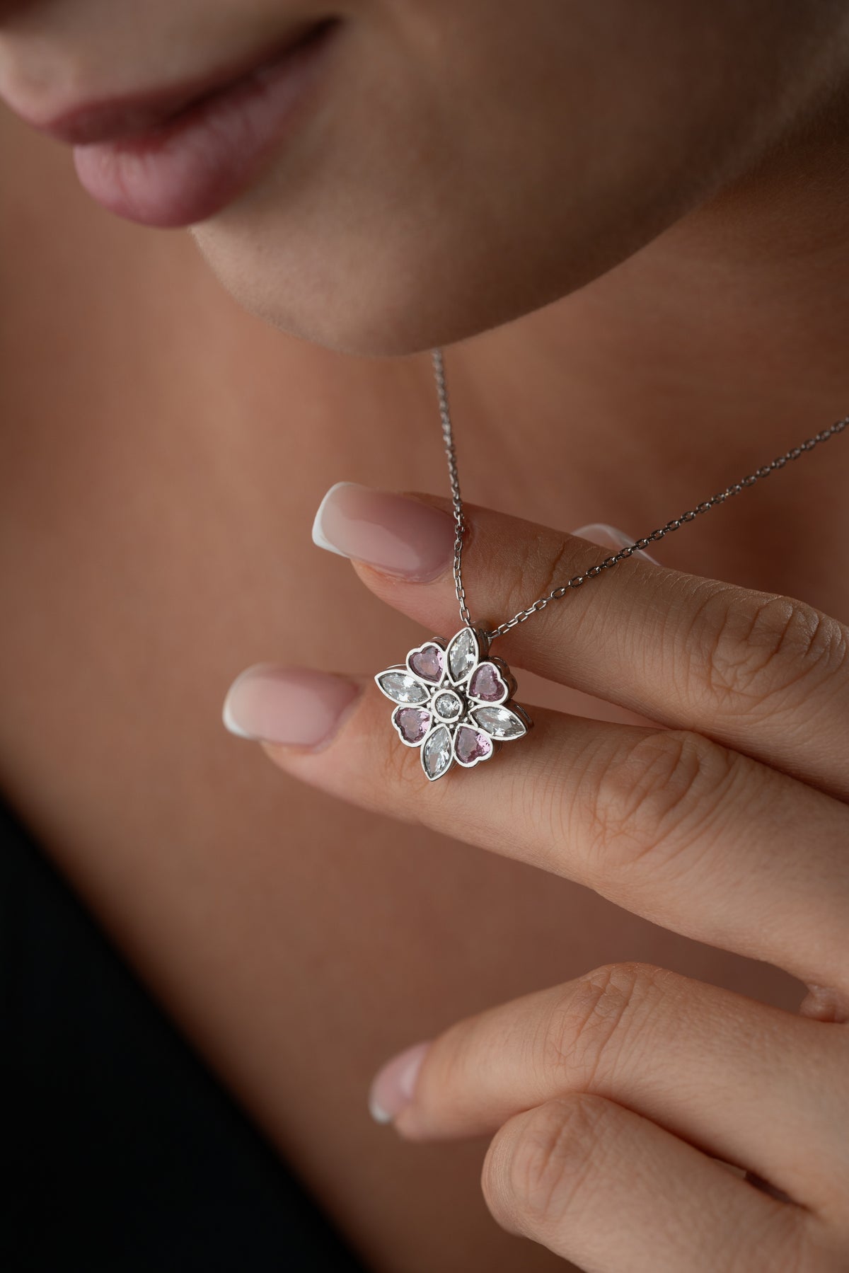 Pink Crystal Flower Pendant Necklace