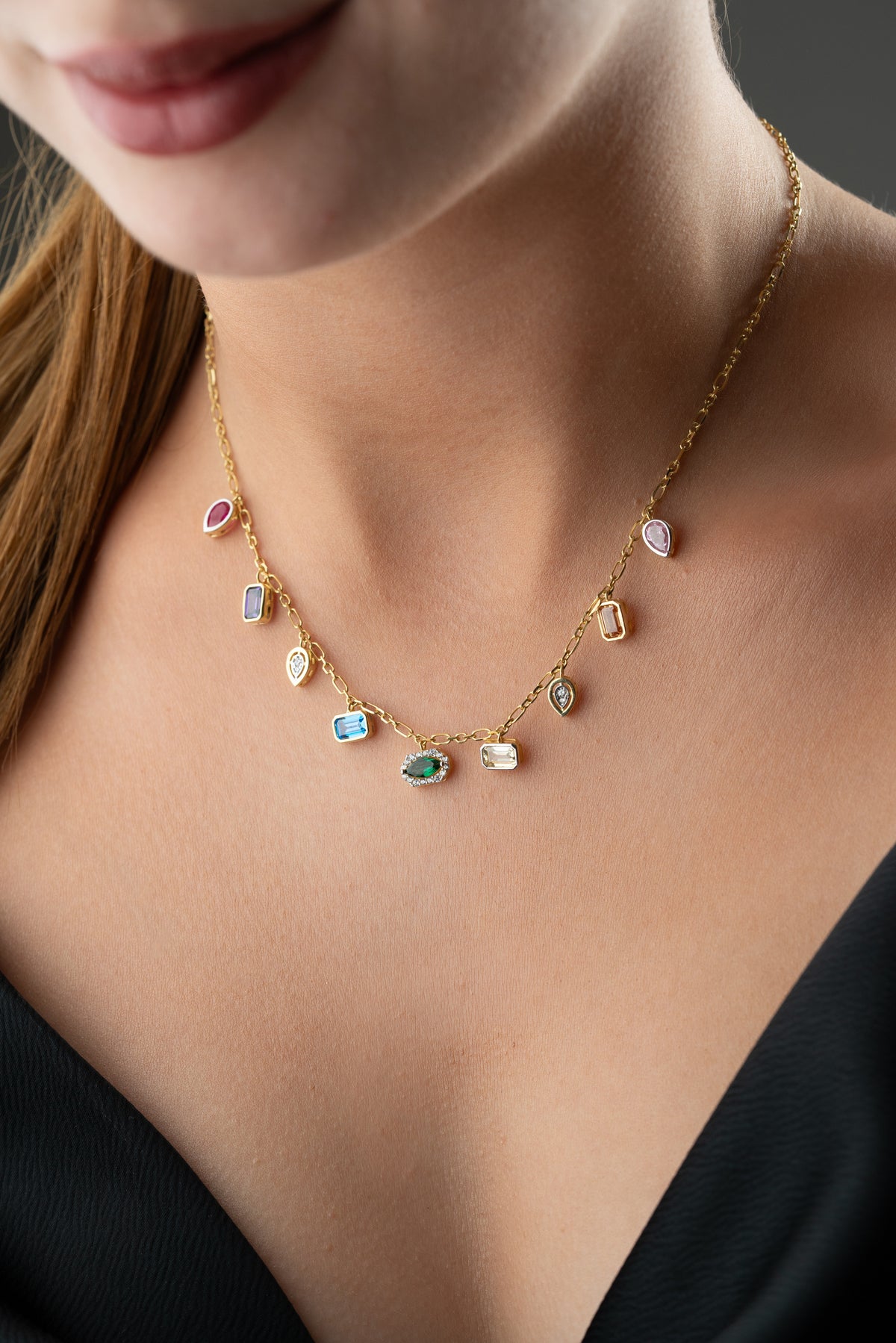 Rainbow Gemstone Charm Necklace in Gold