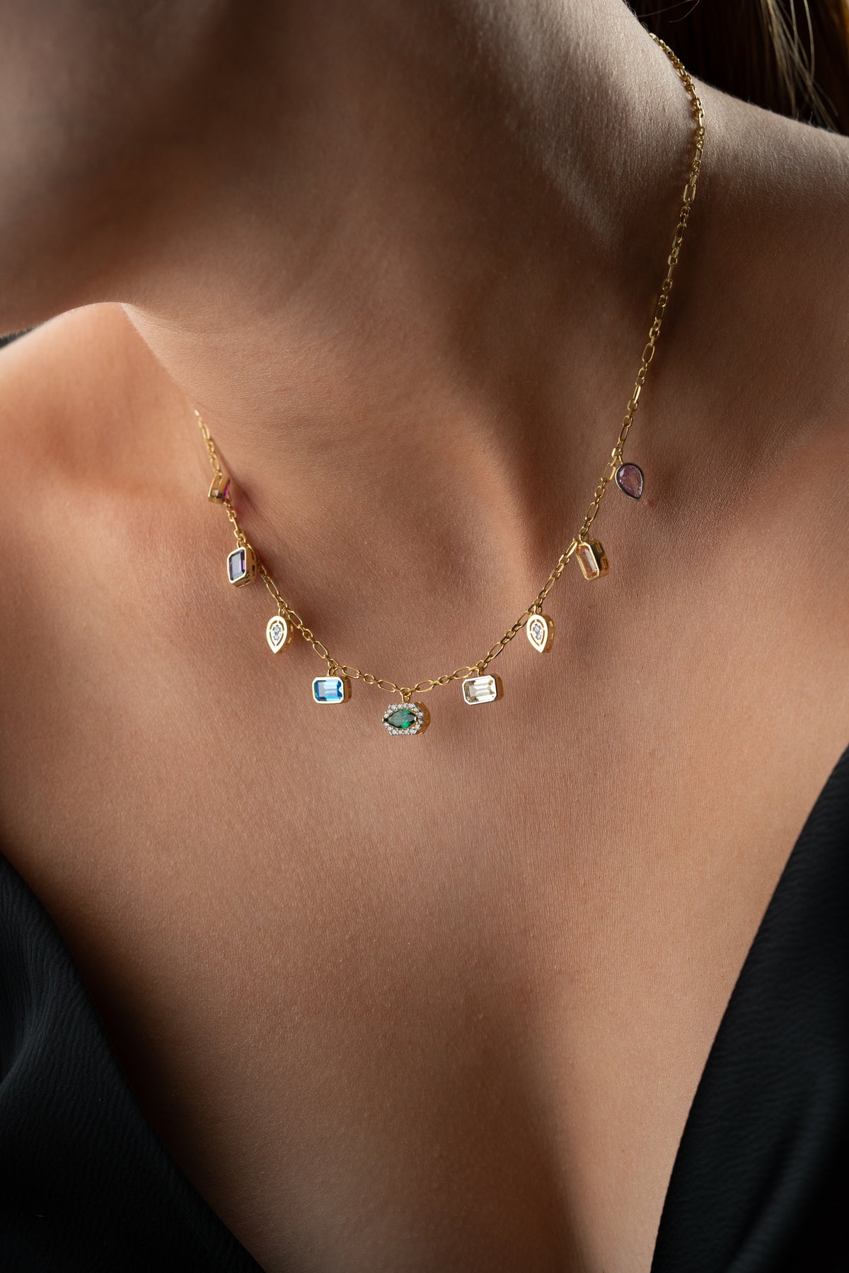 Rainbow Gemstone Charm Necklace in Gold
