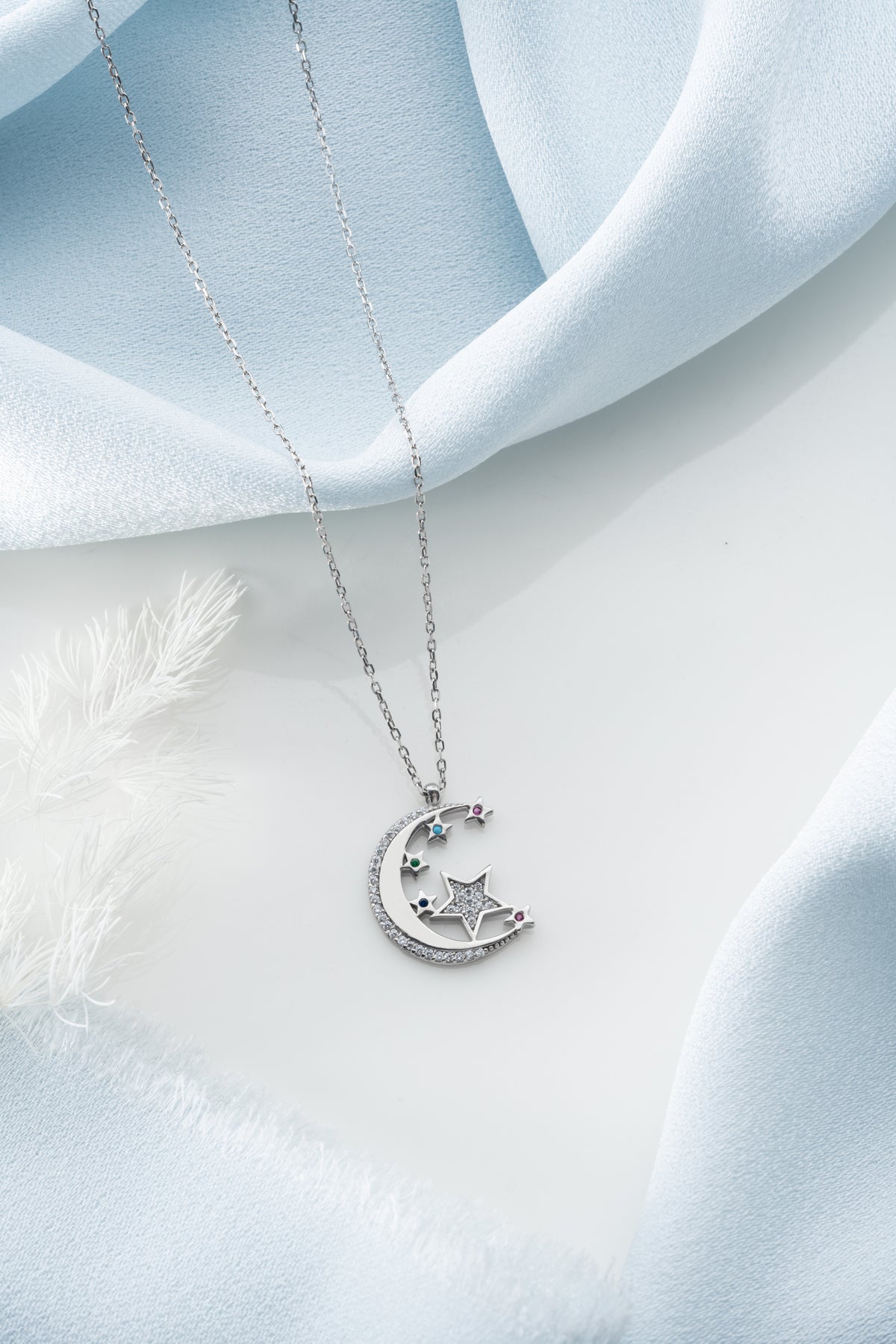Crescent Moon and Stars Pendant Necklace