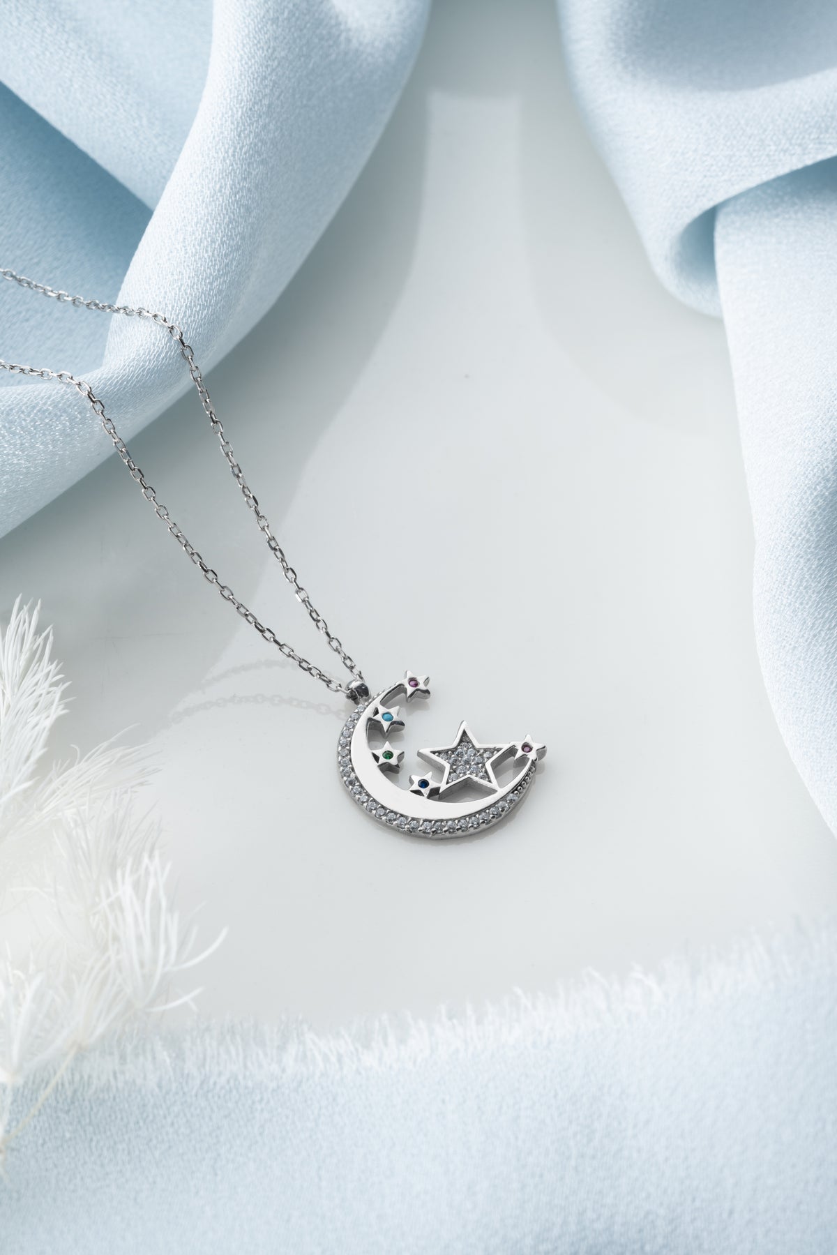 Crescent Moon and Stars Pendant Necklace