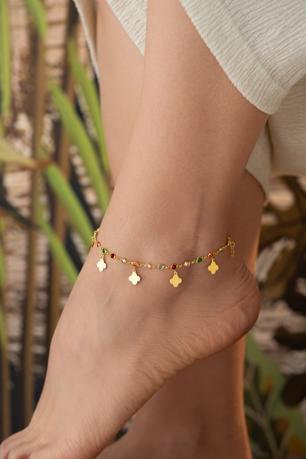 Gold Clover Rainbow Stone Anklet
