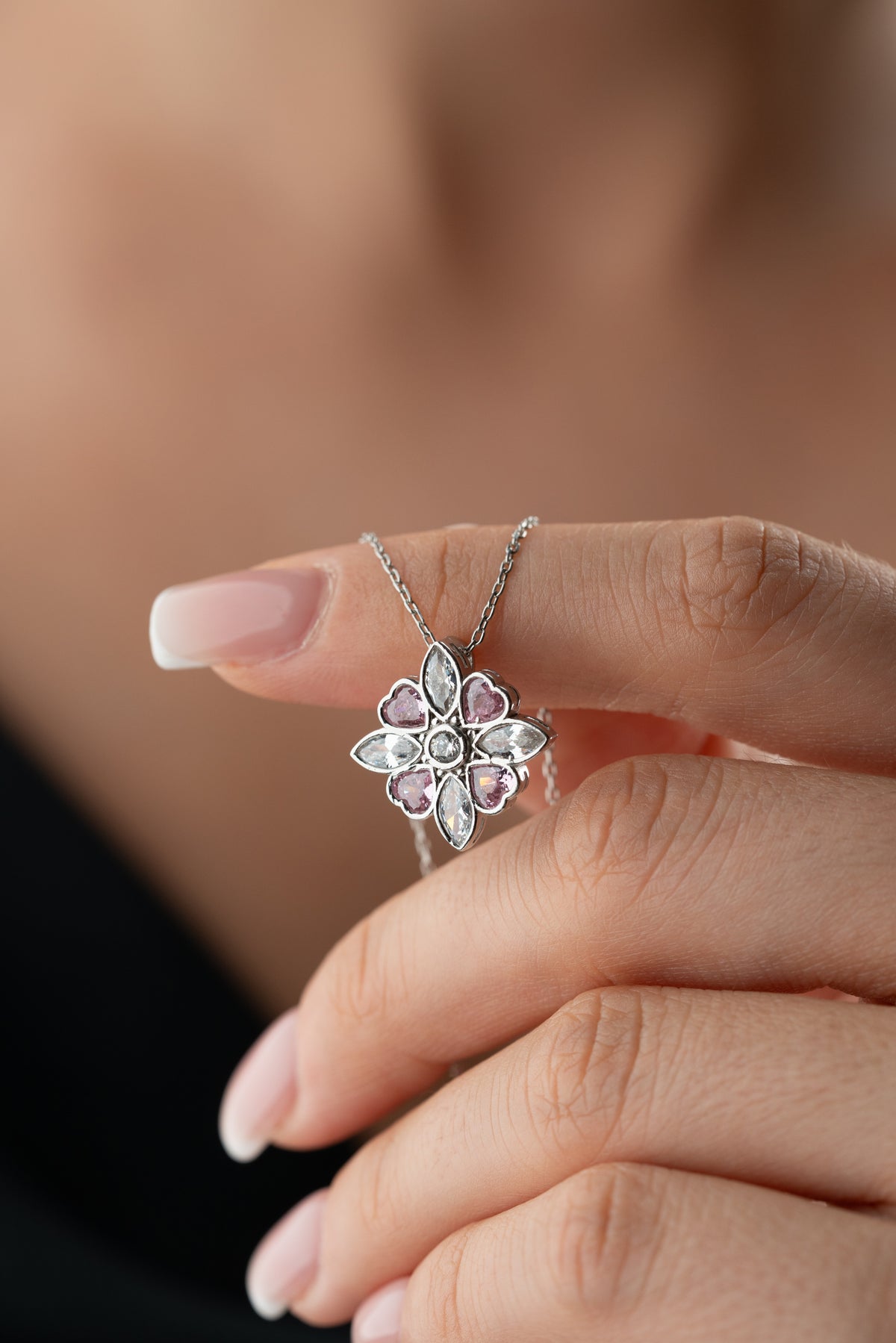 Pink Crystal Flower Pendant Necklace