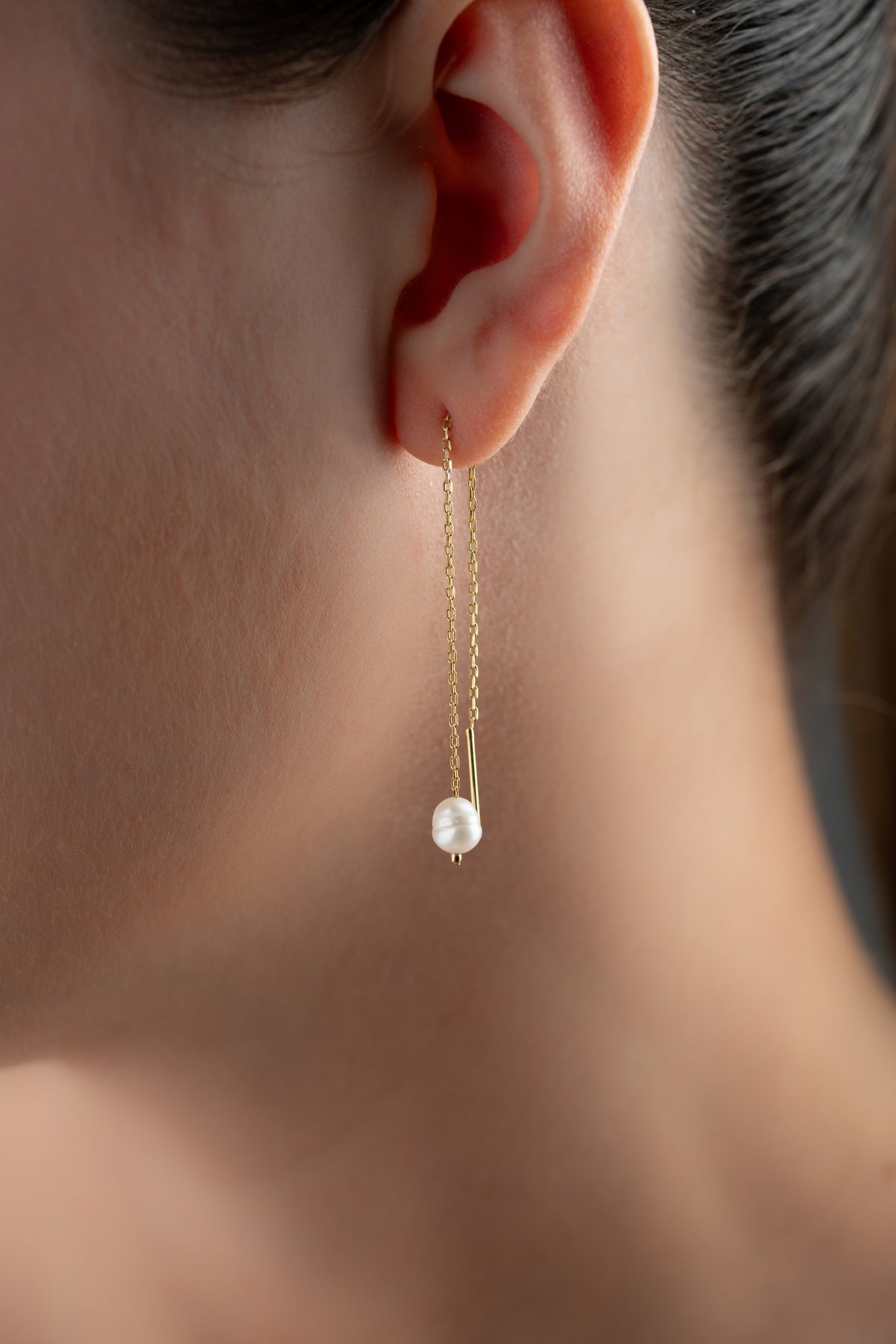 Pearl Drop Threader Earrings in Gold