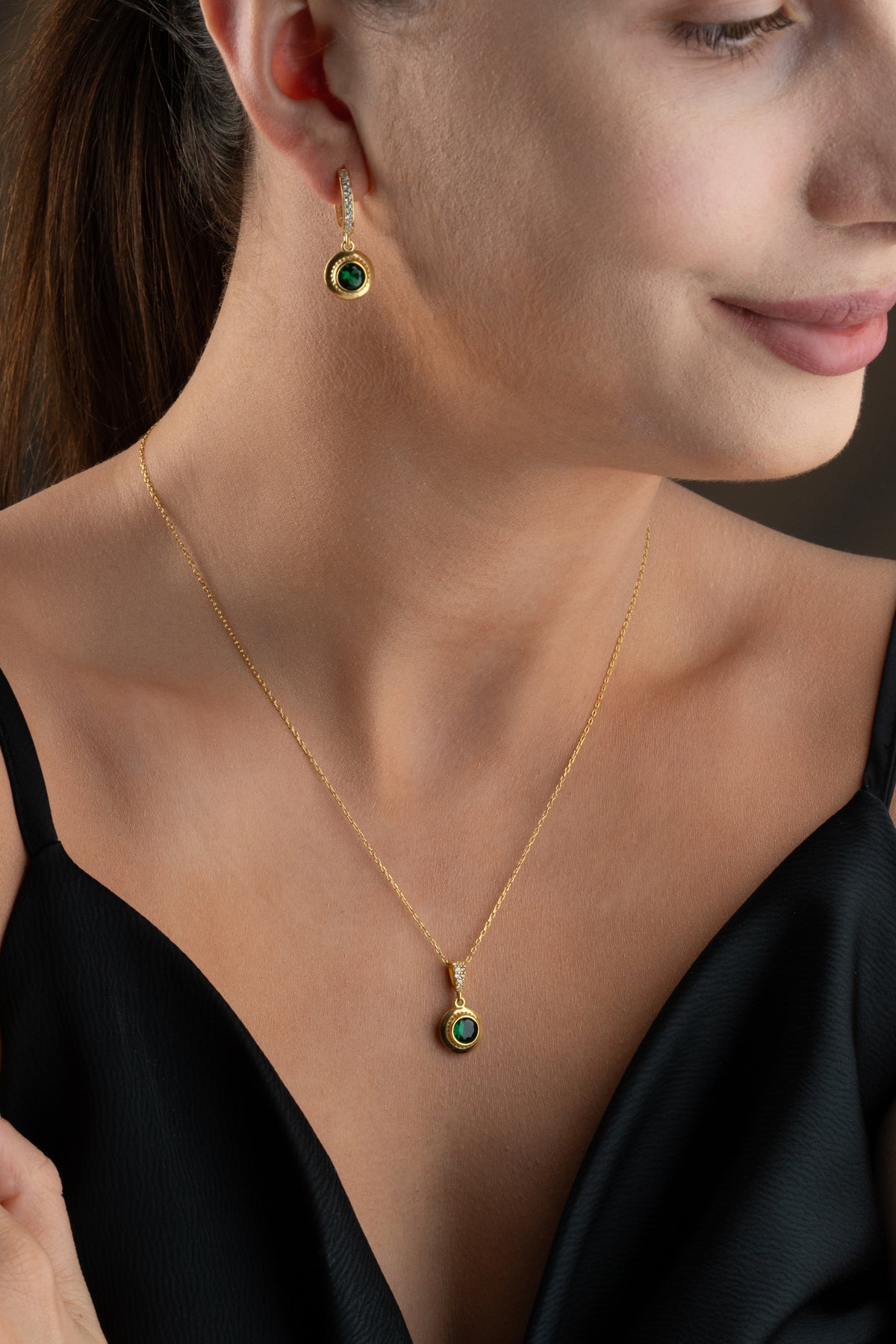 Emerald Green Halo Necklace and Earring Set