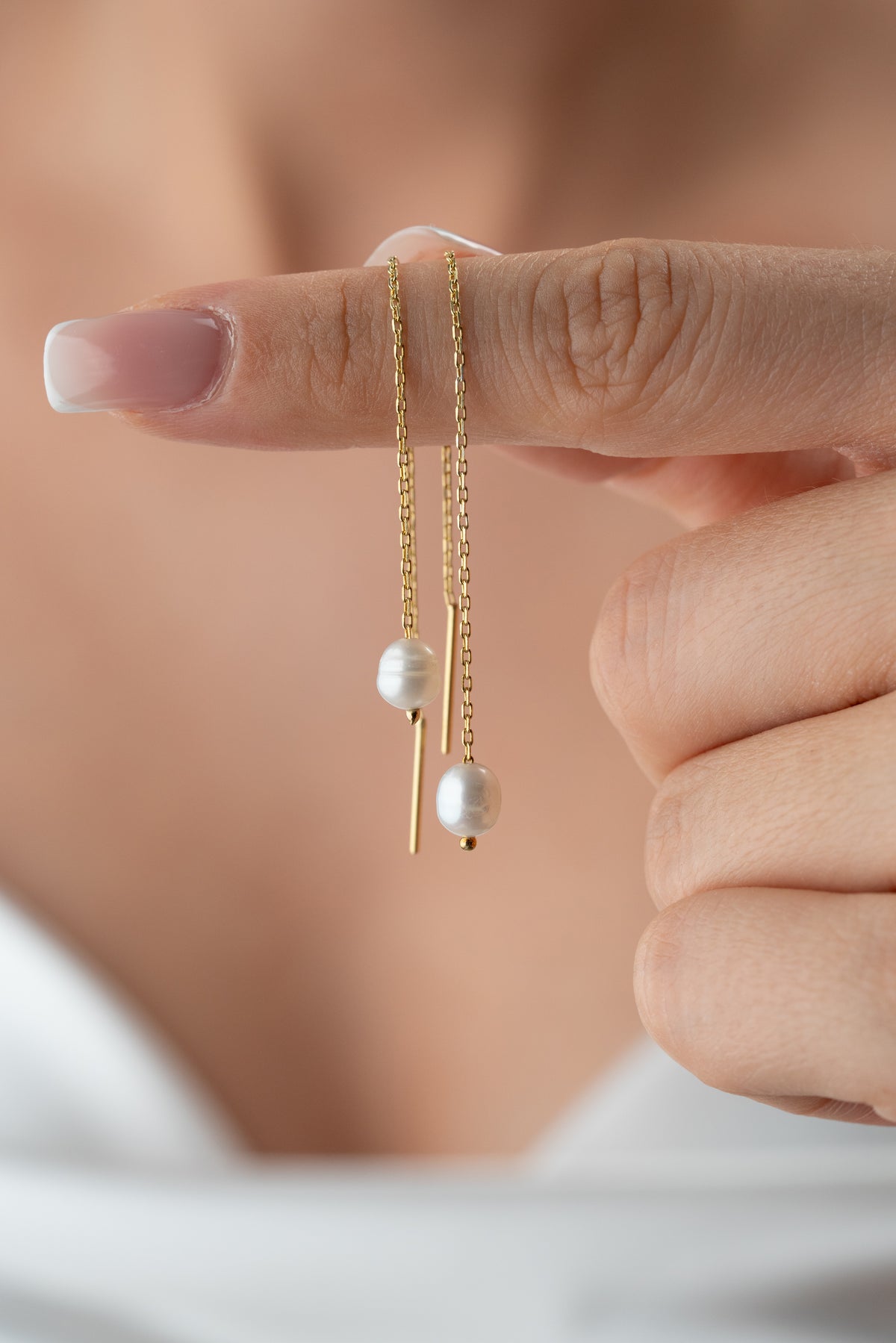 Pearl Drop Threader Earrings in Gold