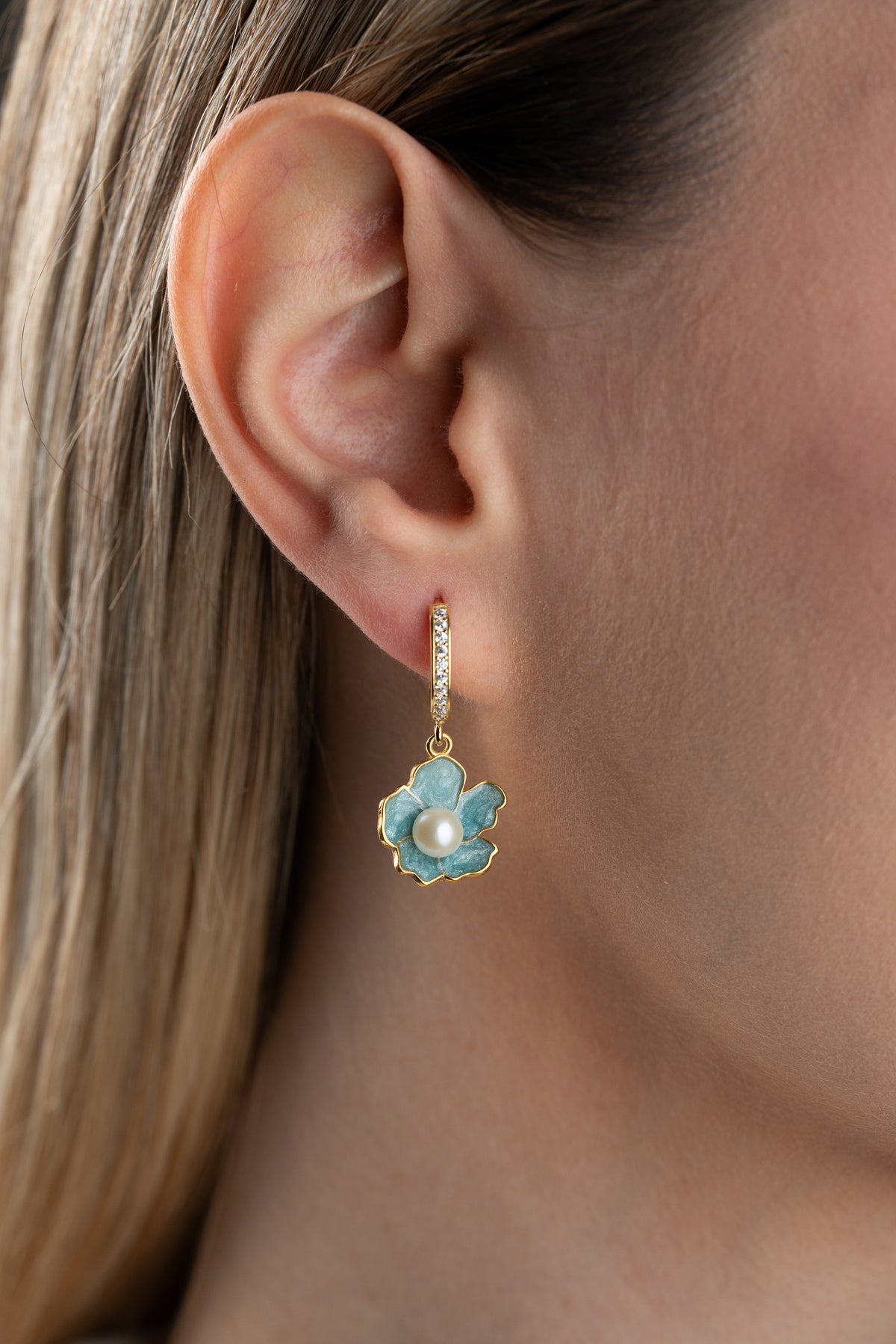 Teal Flower Pearl Drop Earrings