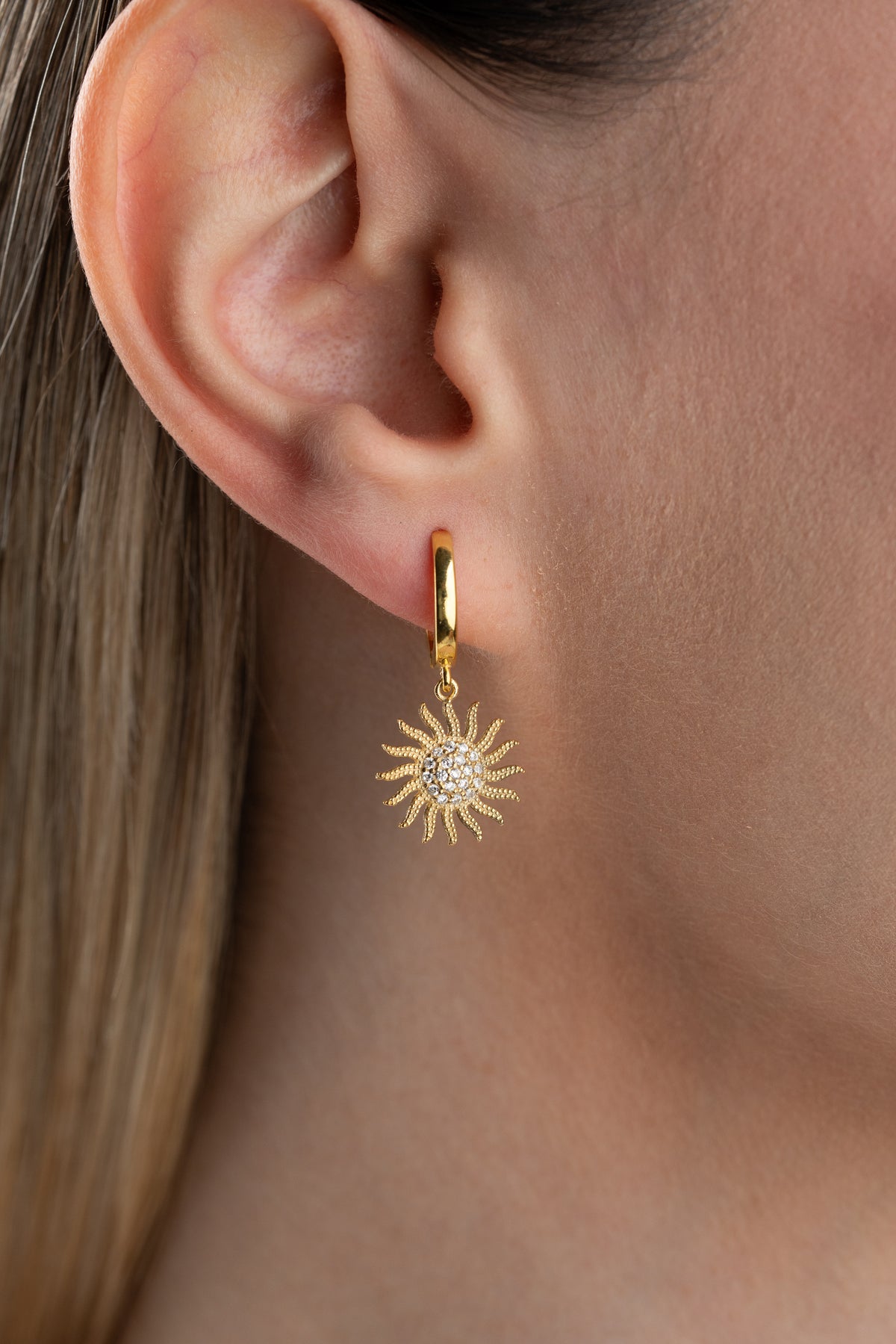 Pave Sun Charm Huggie Hoop Earrings