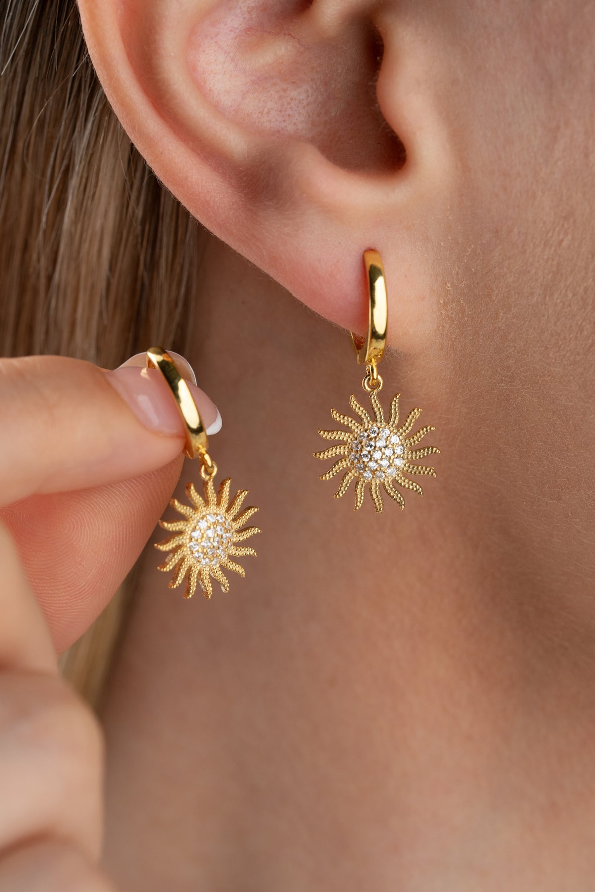 Pave Sun Charm Huggie Hoop Earrings