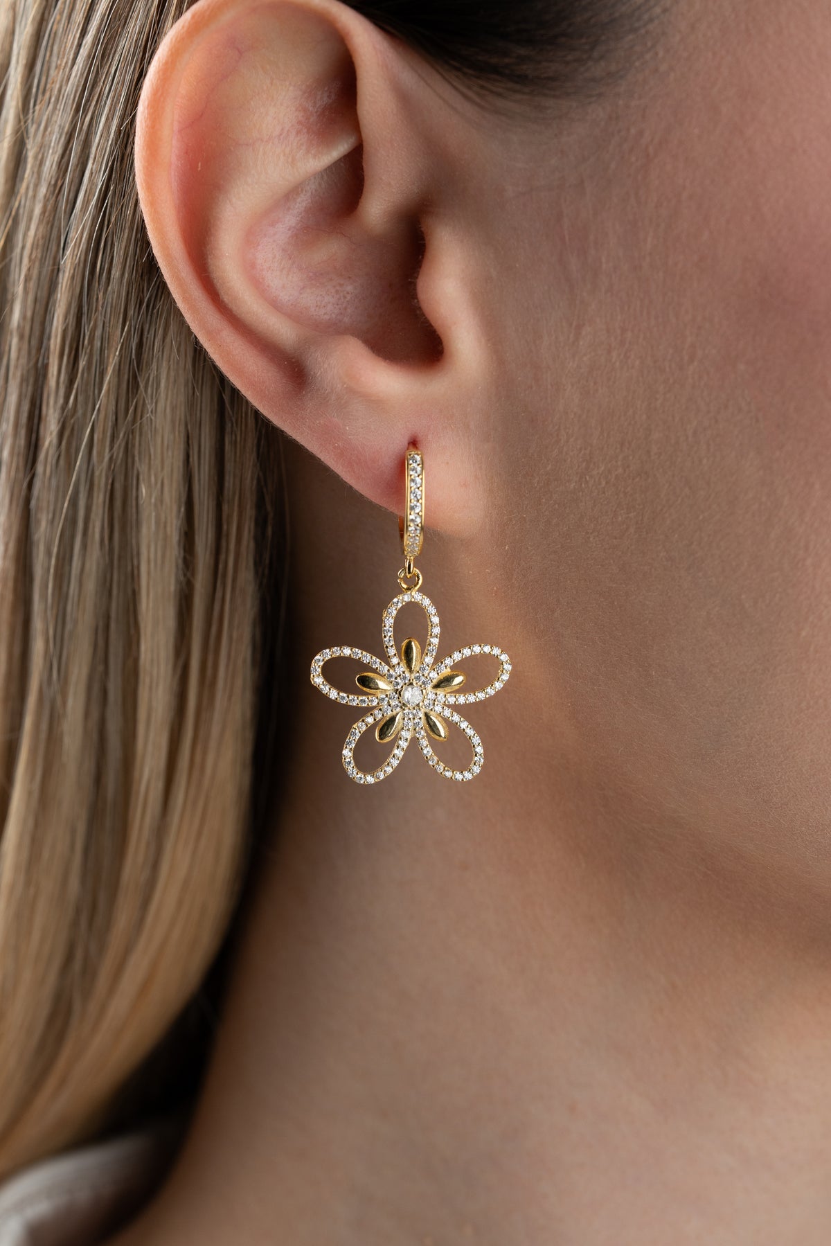 Gold Pave Flower Drop Earrings