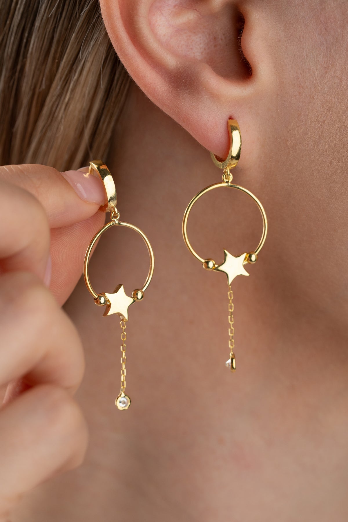 Star Charm Hoop Drop Earrings in Gold