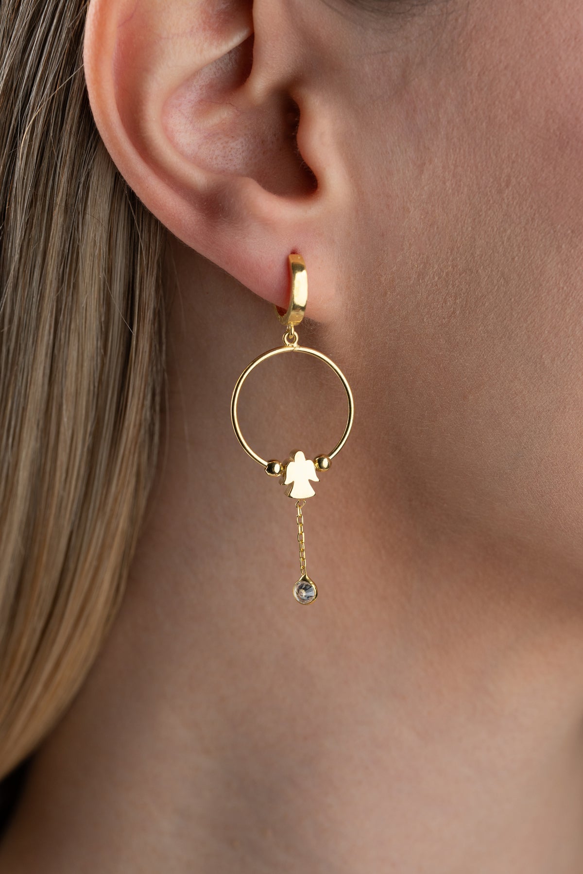Angel Charm Hoop Drop Earrings in Gold