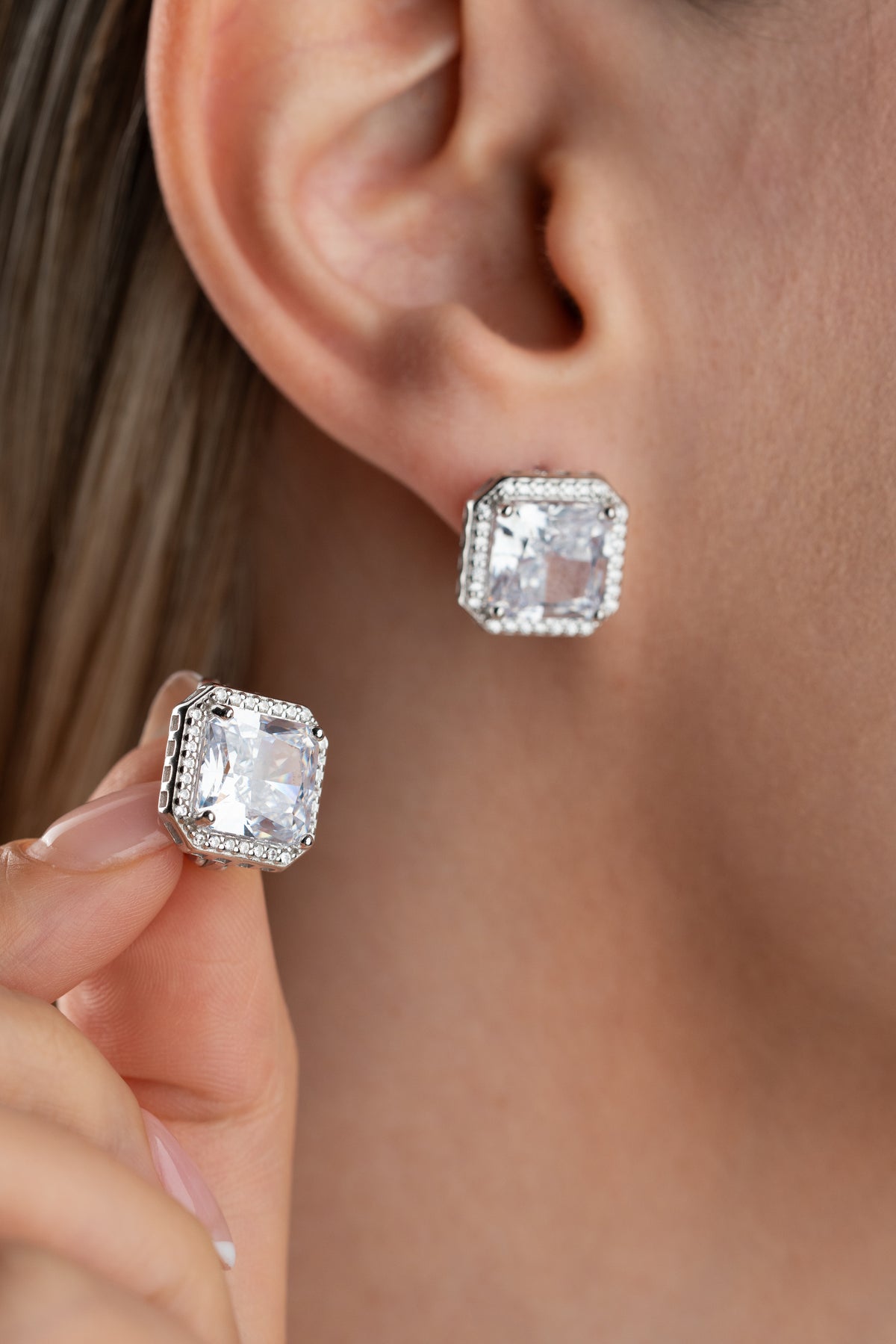 Asscher Cut Halo Drop Earrings in Silver