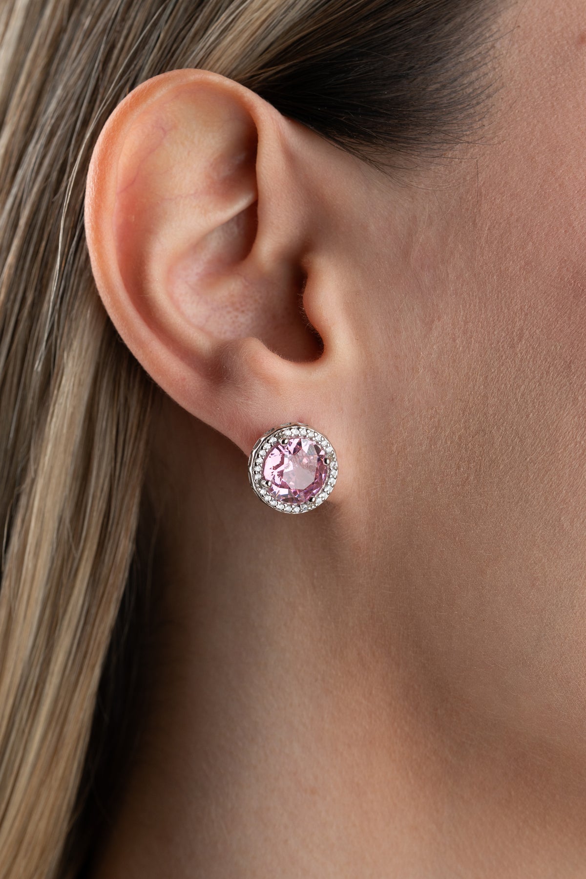 Pink Crystal Halo Earrings in Silver
