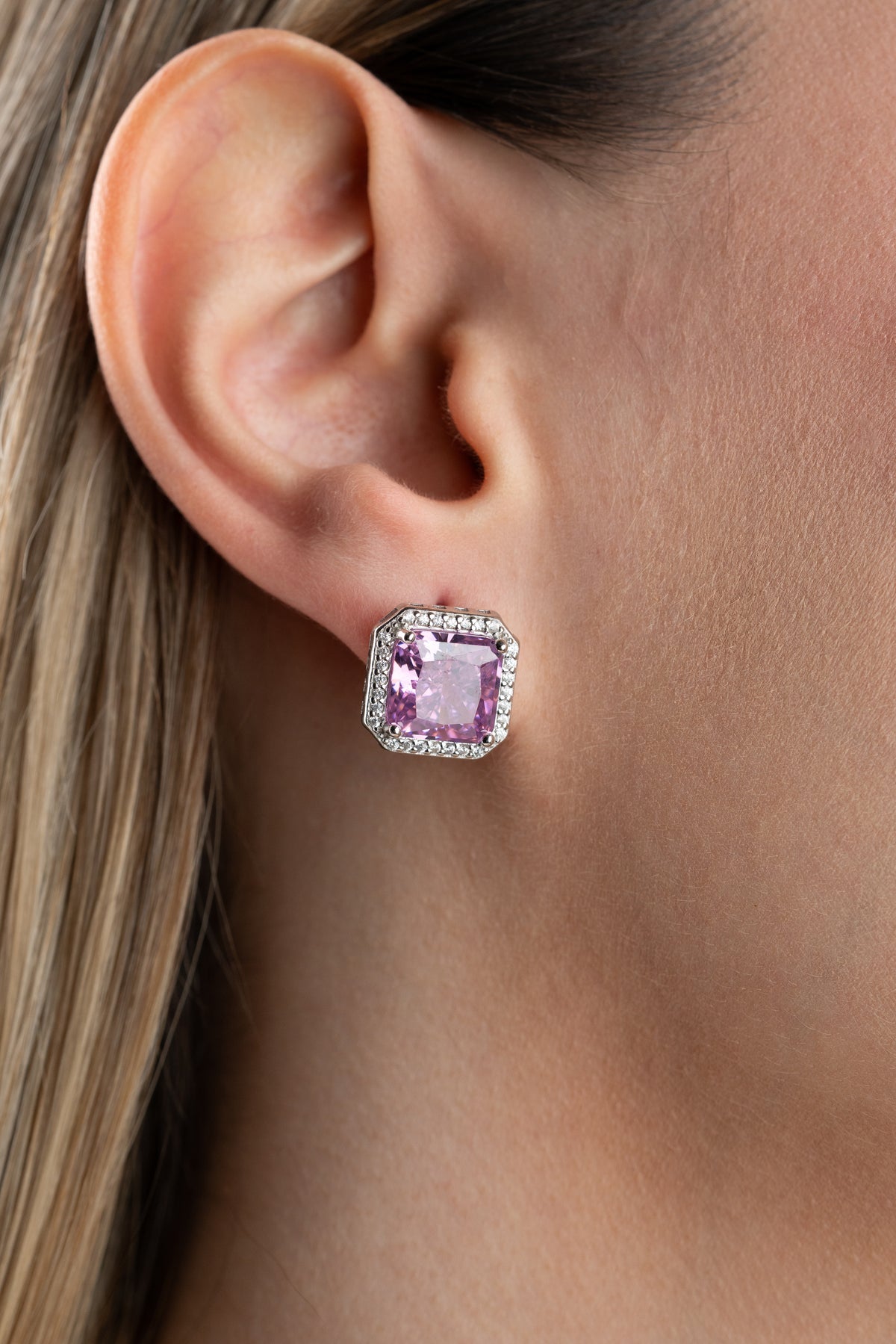 Purple Crystal Halo Stud Earrings