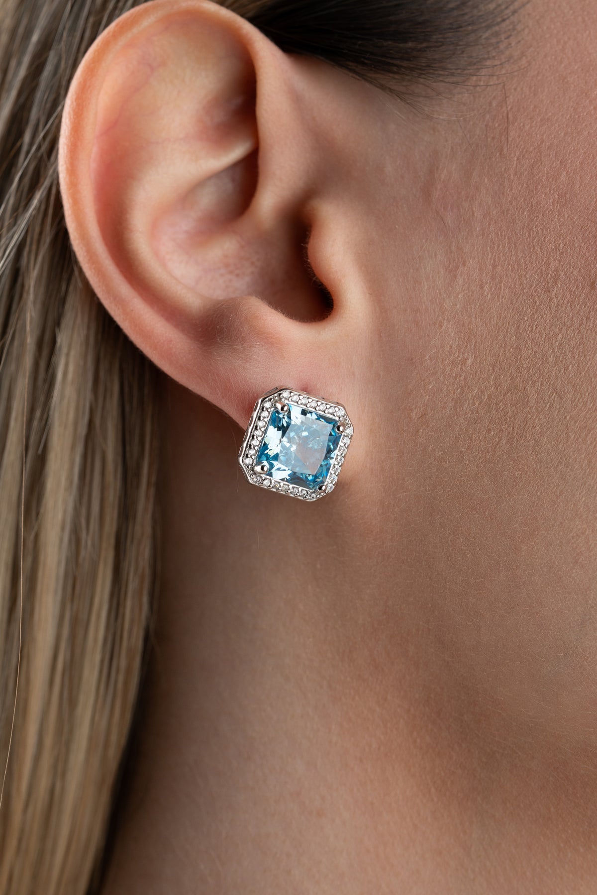 Aquamarine Blue Square Halo Stud Earrings