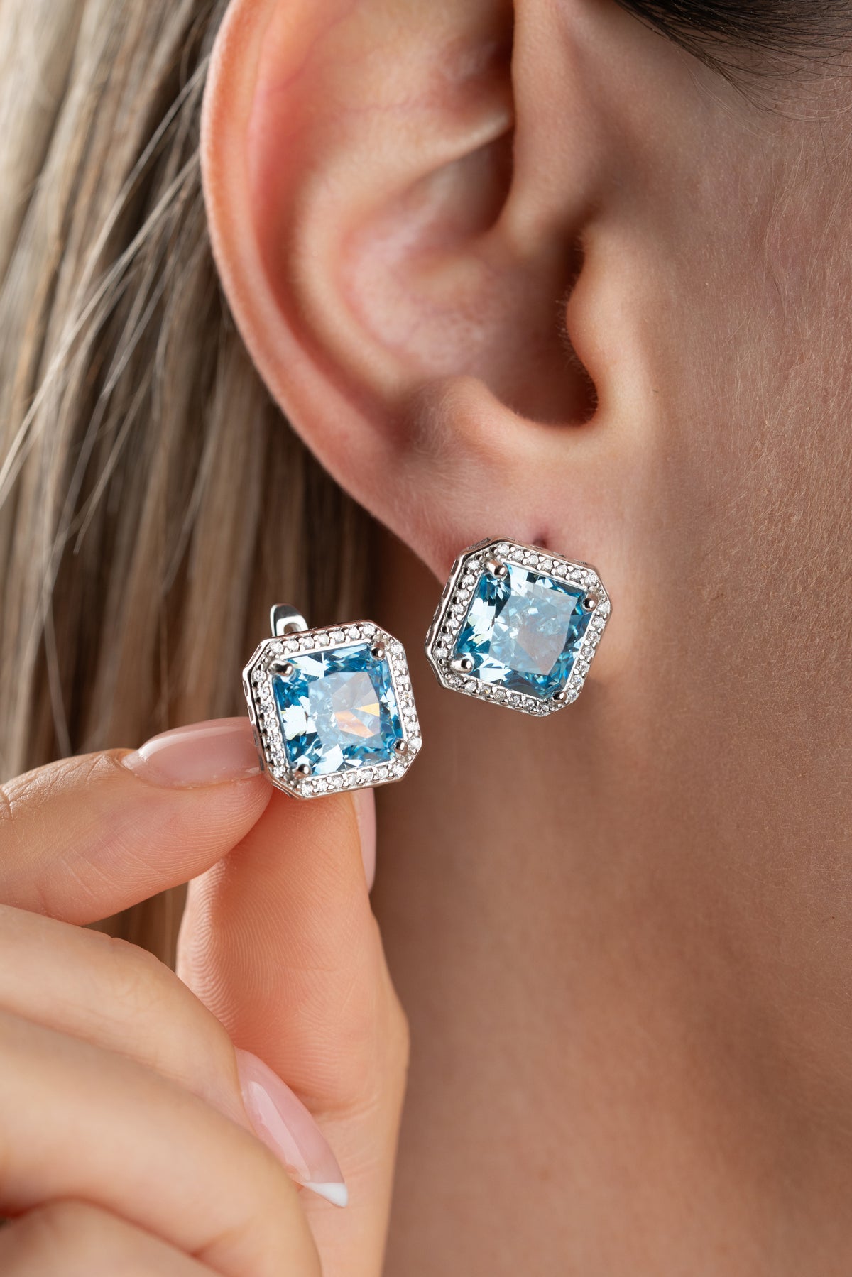 Aquamarine Blue Square Halo Stud Earrings