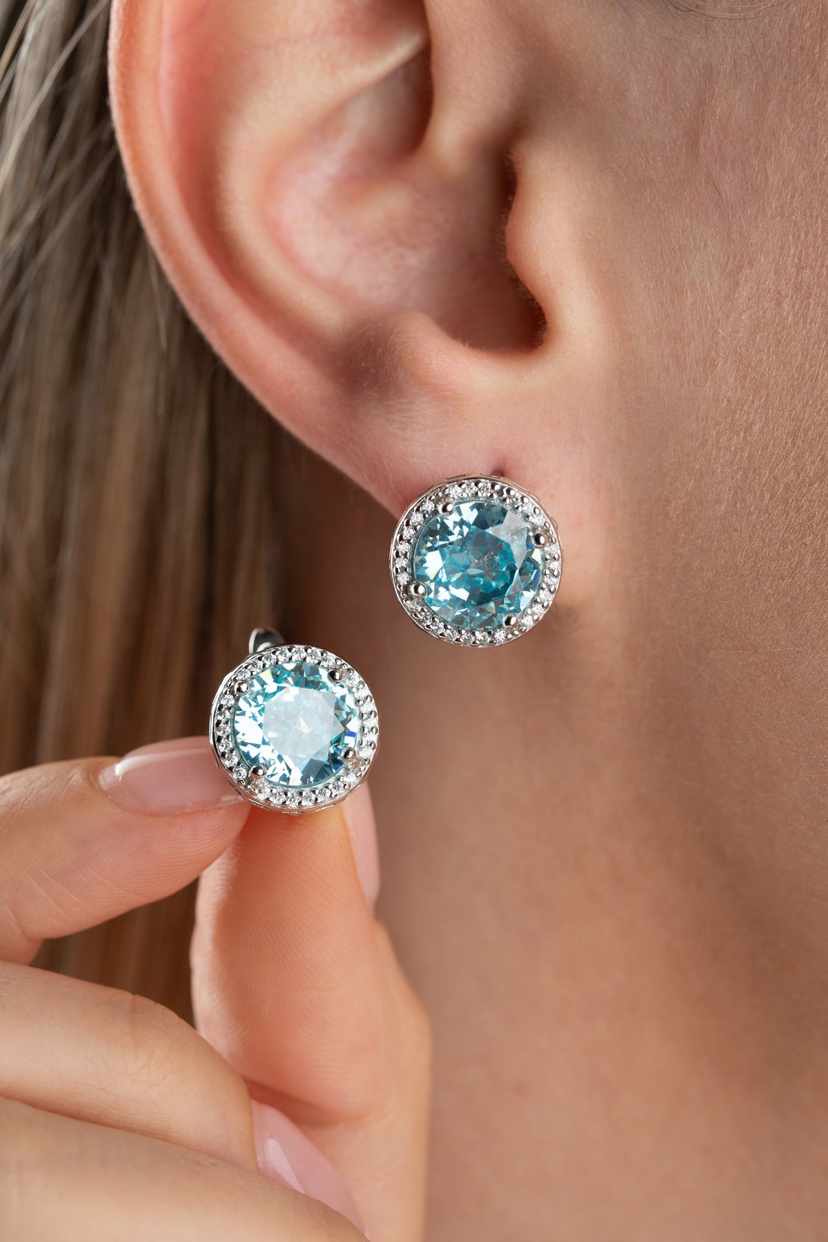 Aquamarine Blue Halo Stud Earrings