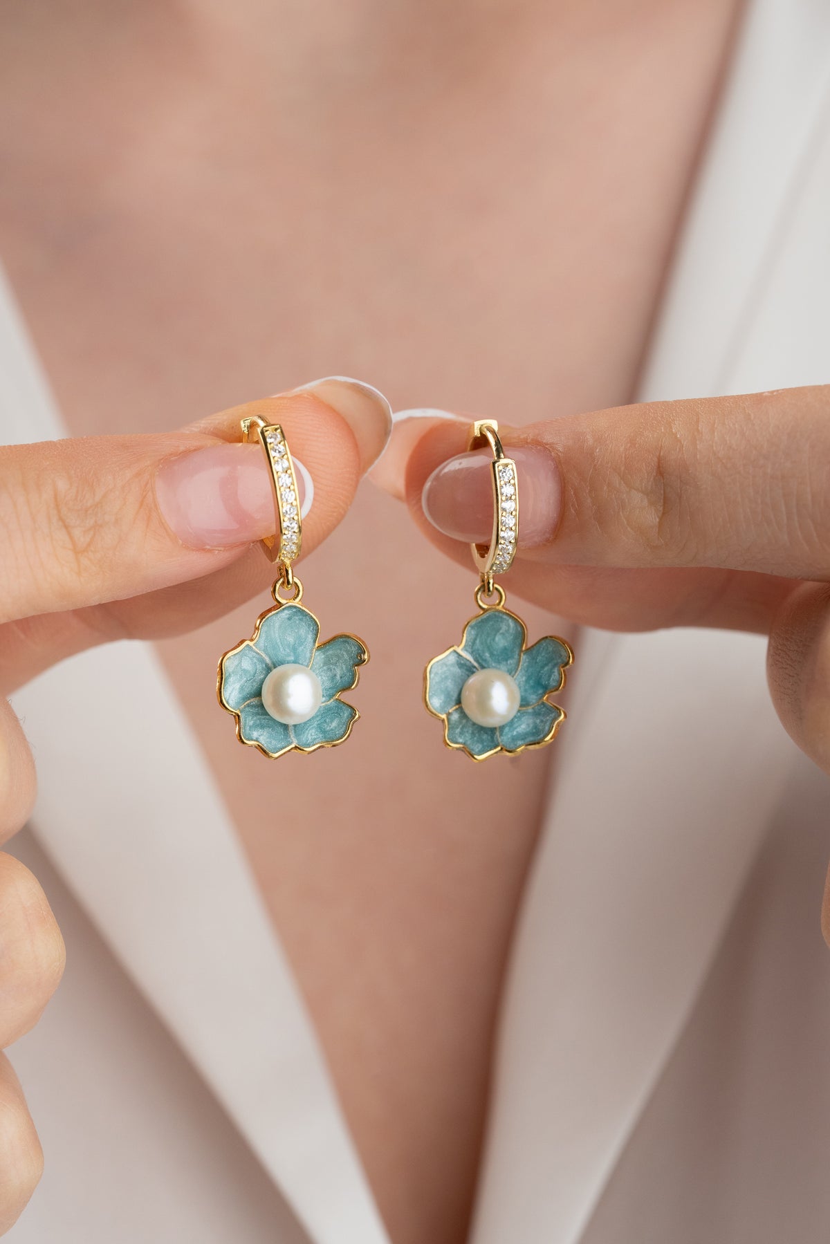 Teal Flower Pearl Drop Earrings
