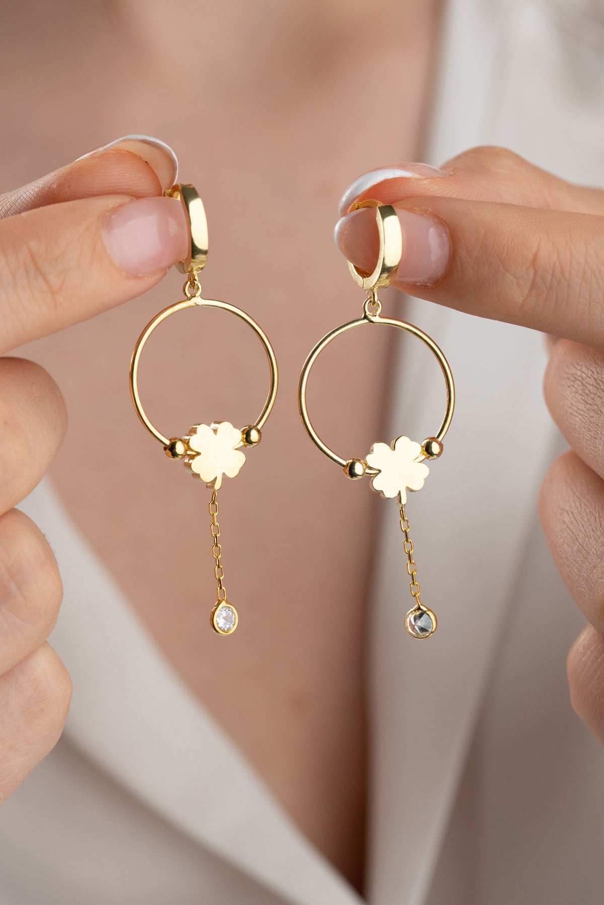 Four Leaf Clover Hoop Drop Earrings