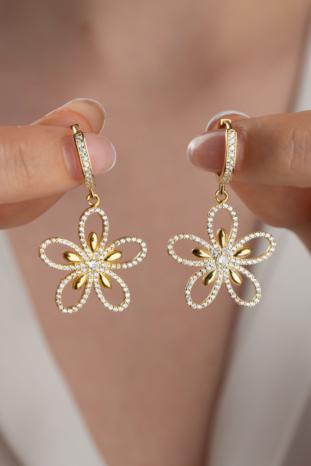 Gold Pave Flower Drop Earrings