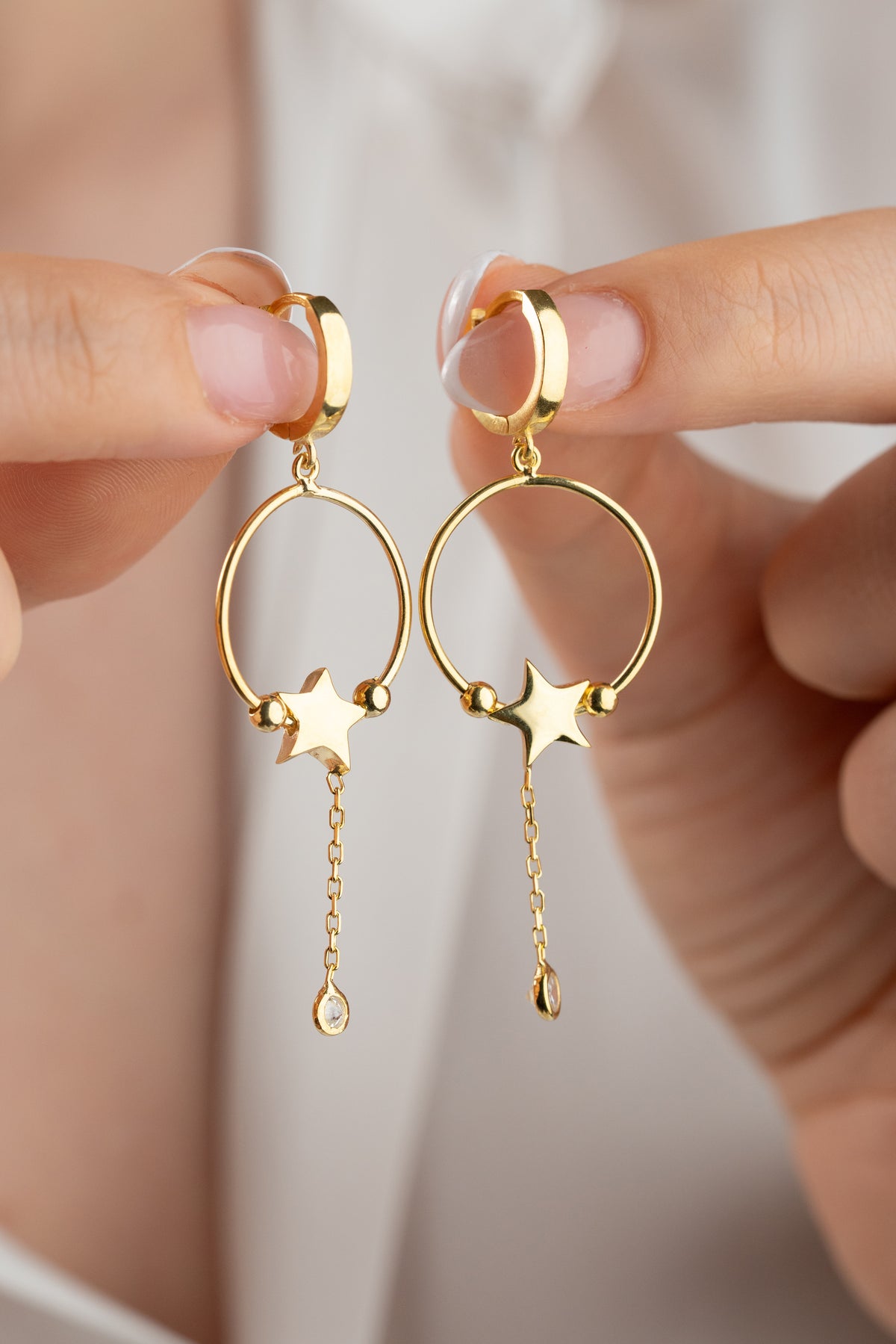 Star Charm Hoop Drop Earrings in Gold