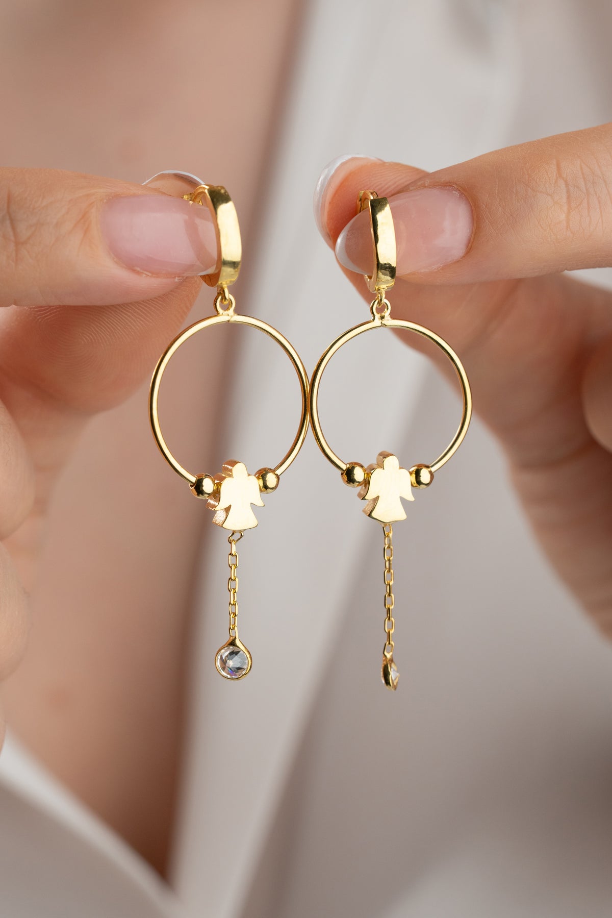 Angel Charm Hoop Drop Earrings in Gold