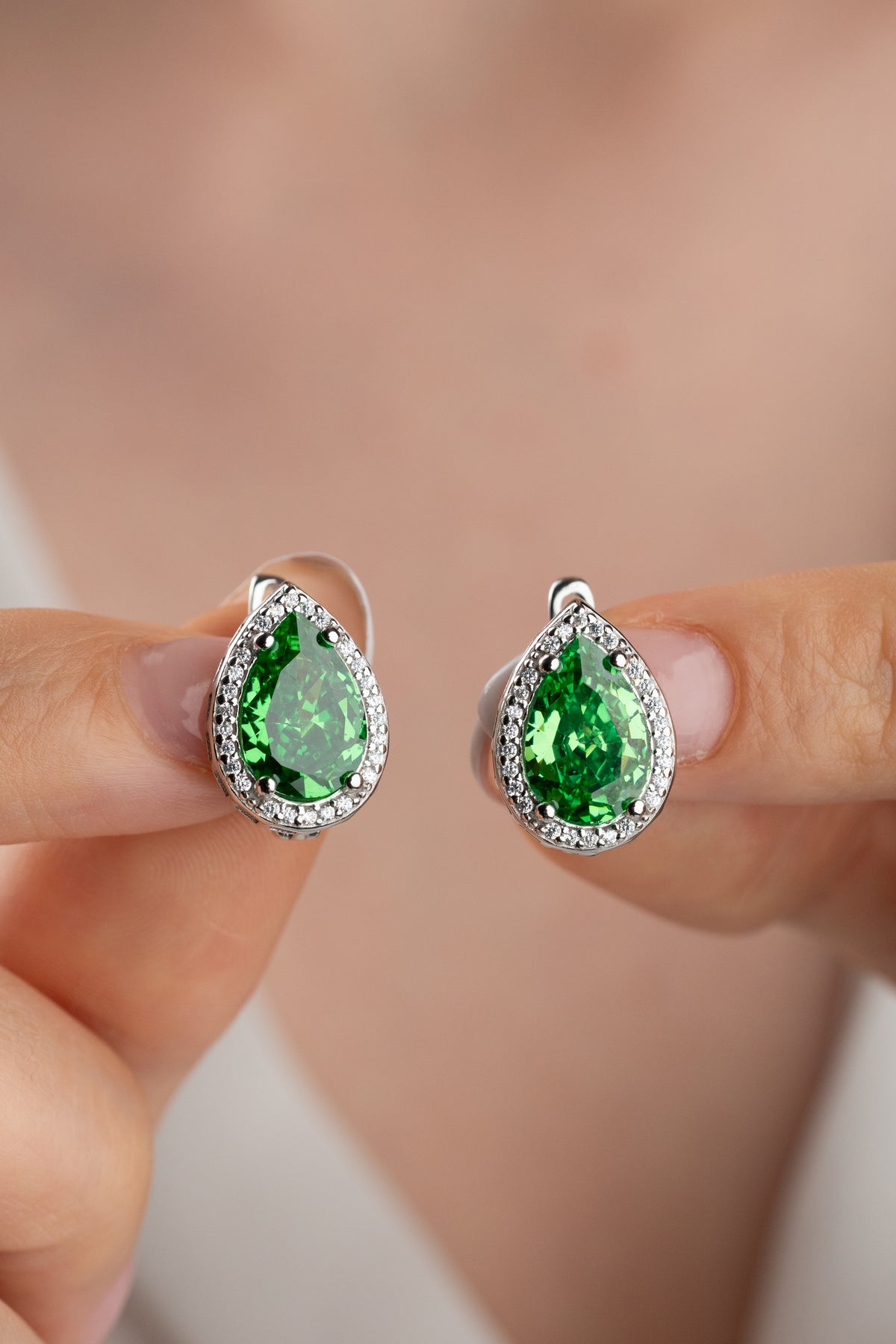 Emerald Green Teardrop Halo Earrings