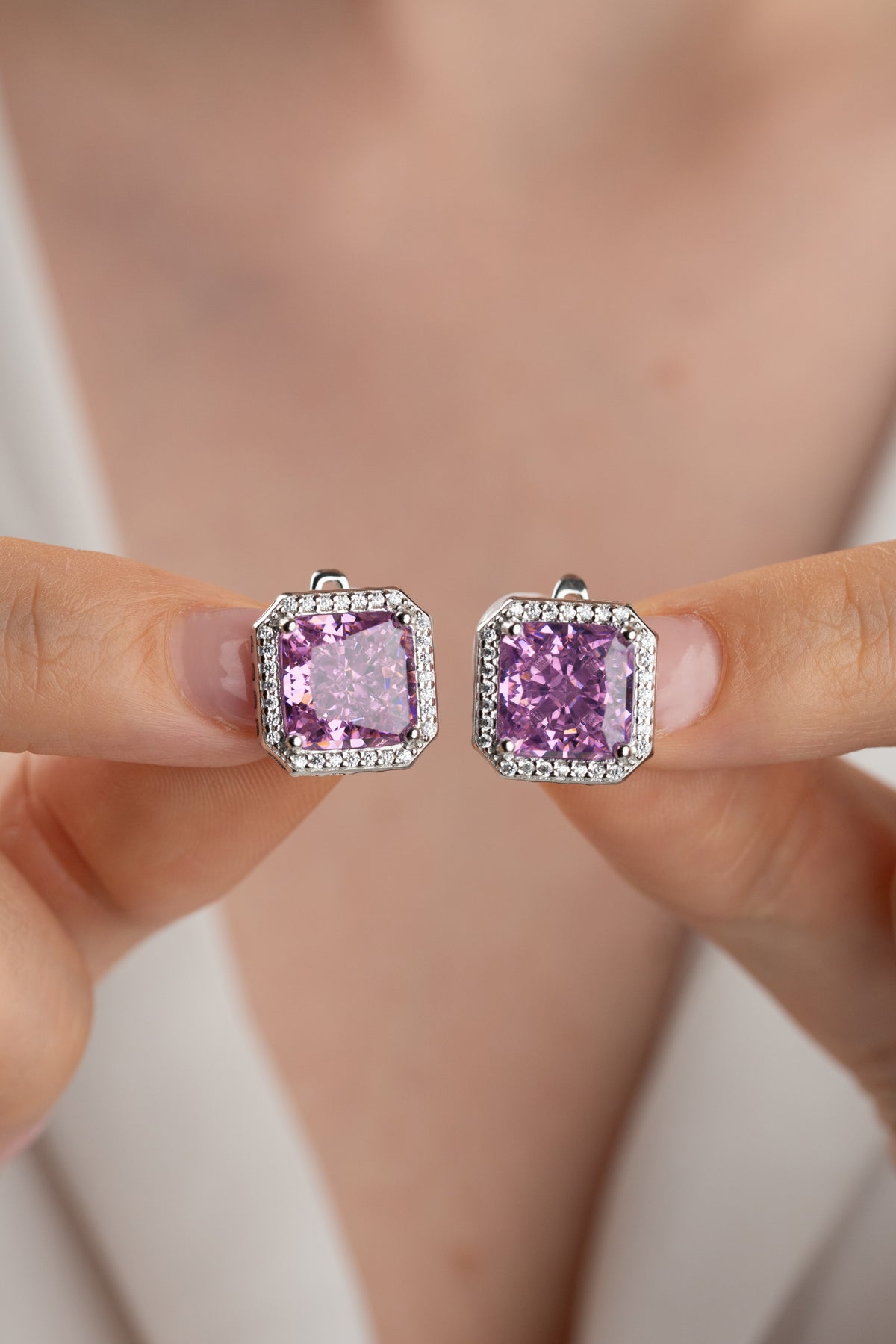 Purple Crystal Halo Stud Earrings