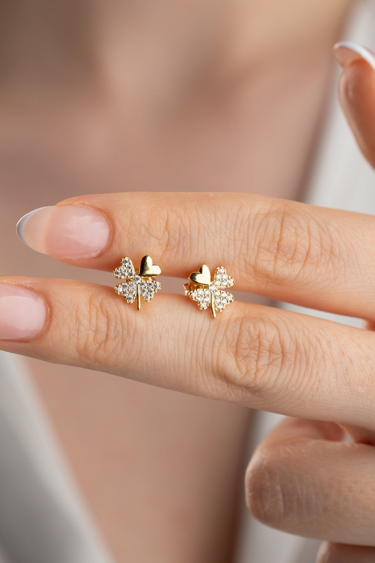 Pave Four Leaf Clover Heart Stud Earrings
