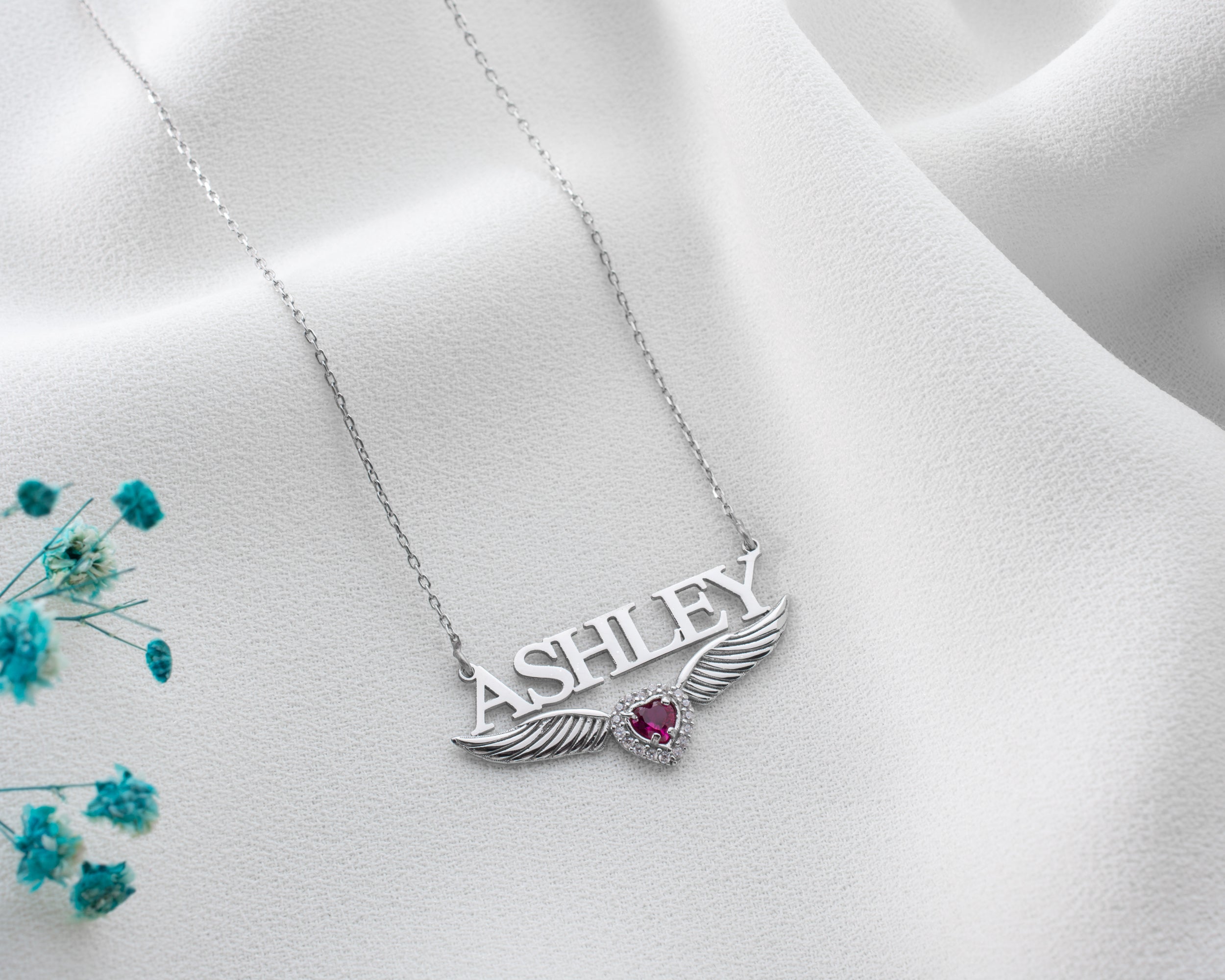 Angel Wing Name Necklace with Birthstone