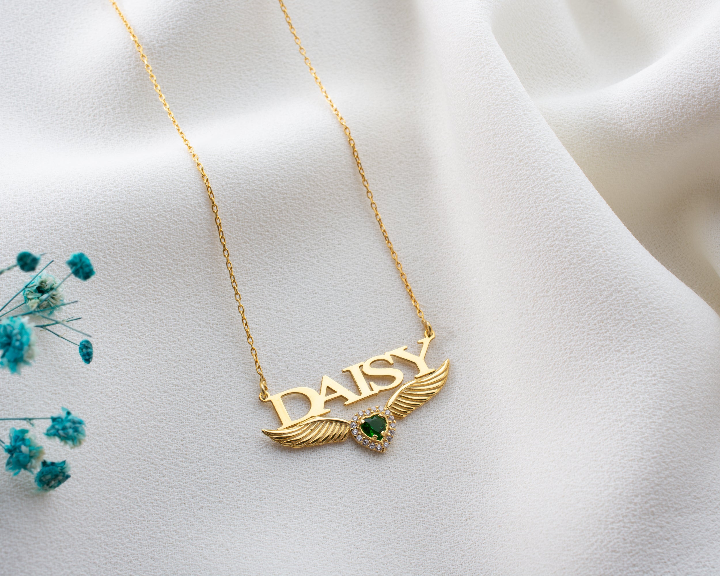 Angel Wing Name Necklace with Birthstone